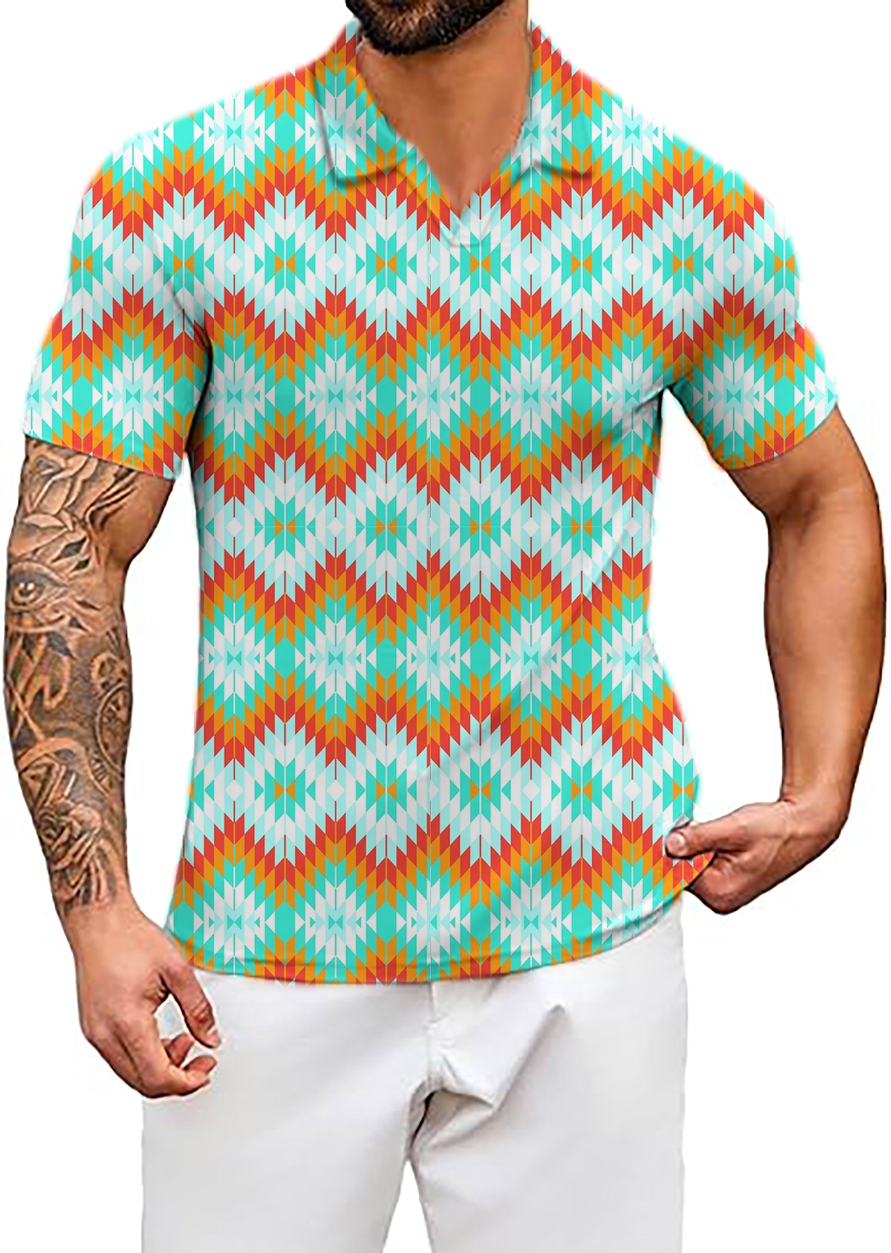 Men's Aztec Summer Contrast Stitching V Neck Golf Polo Shirts