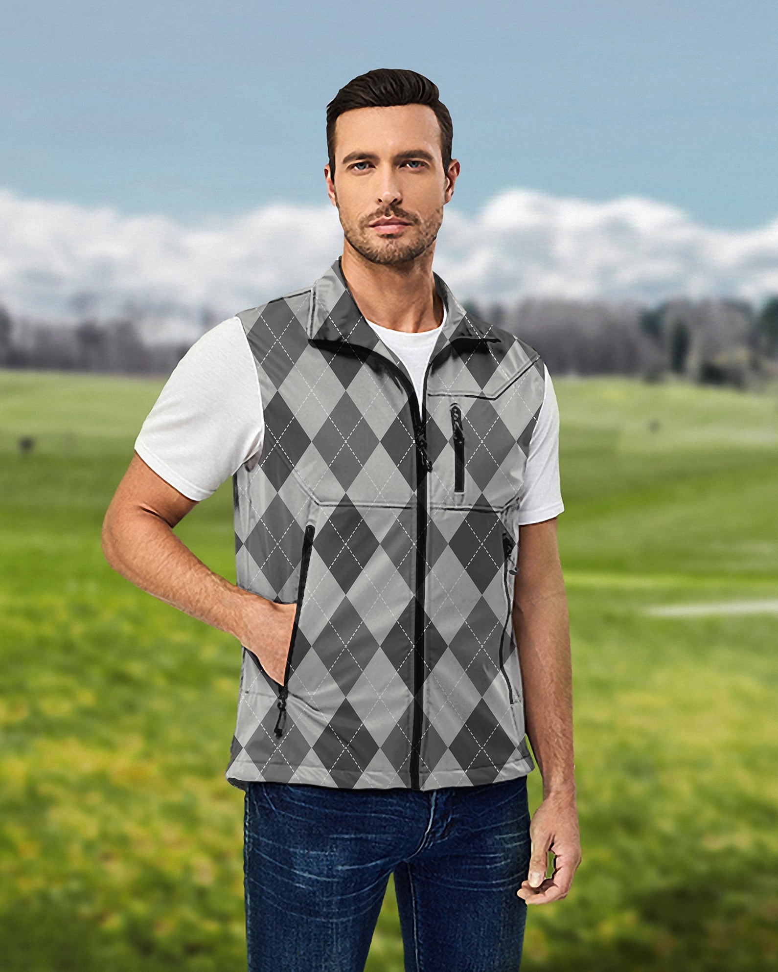 Men's grey argyle softshell vest sleeveless windproof waterproof golf jacket