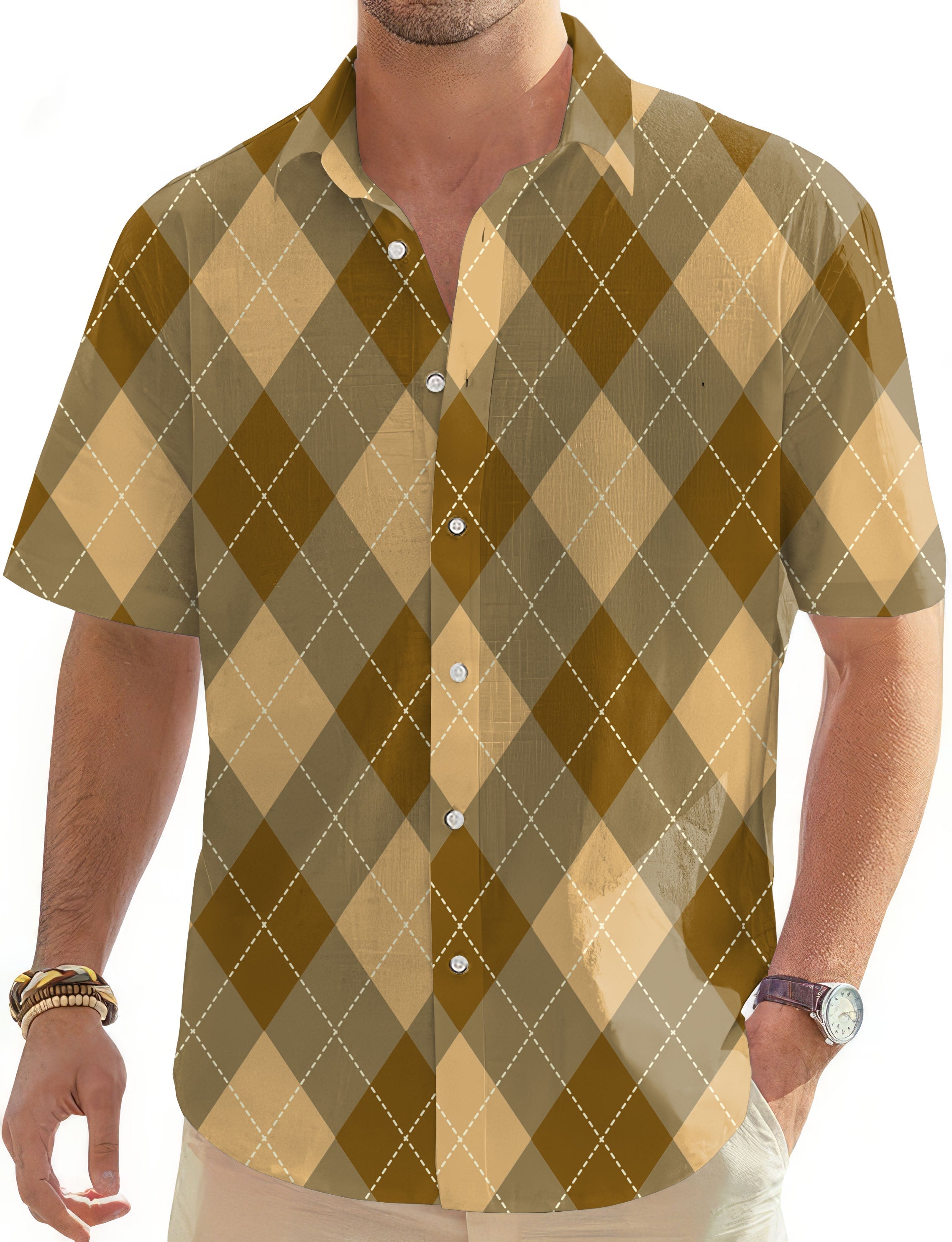 brown Argyle men's short sleeve button-down golf shirt with classic collar and patch pocket