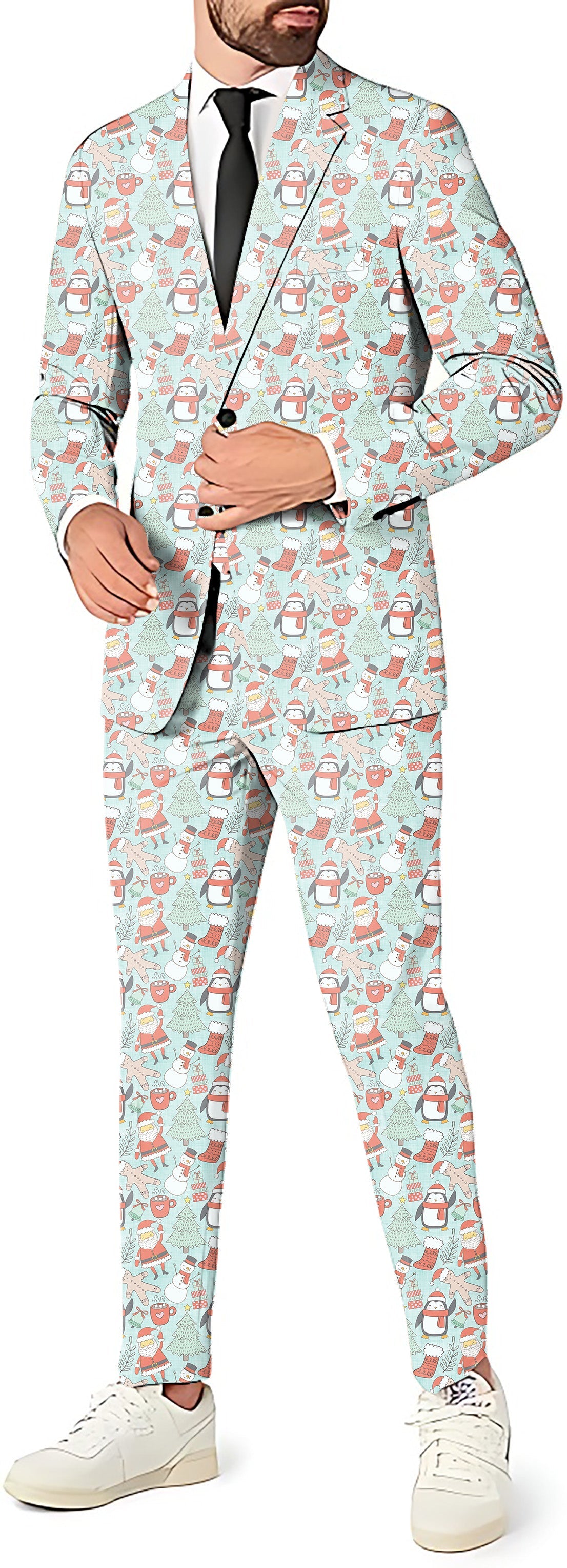 Penguin Christmas men's party costume suit set with blazer, pants, and vest in festive pattern