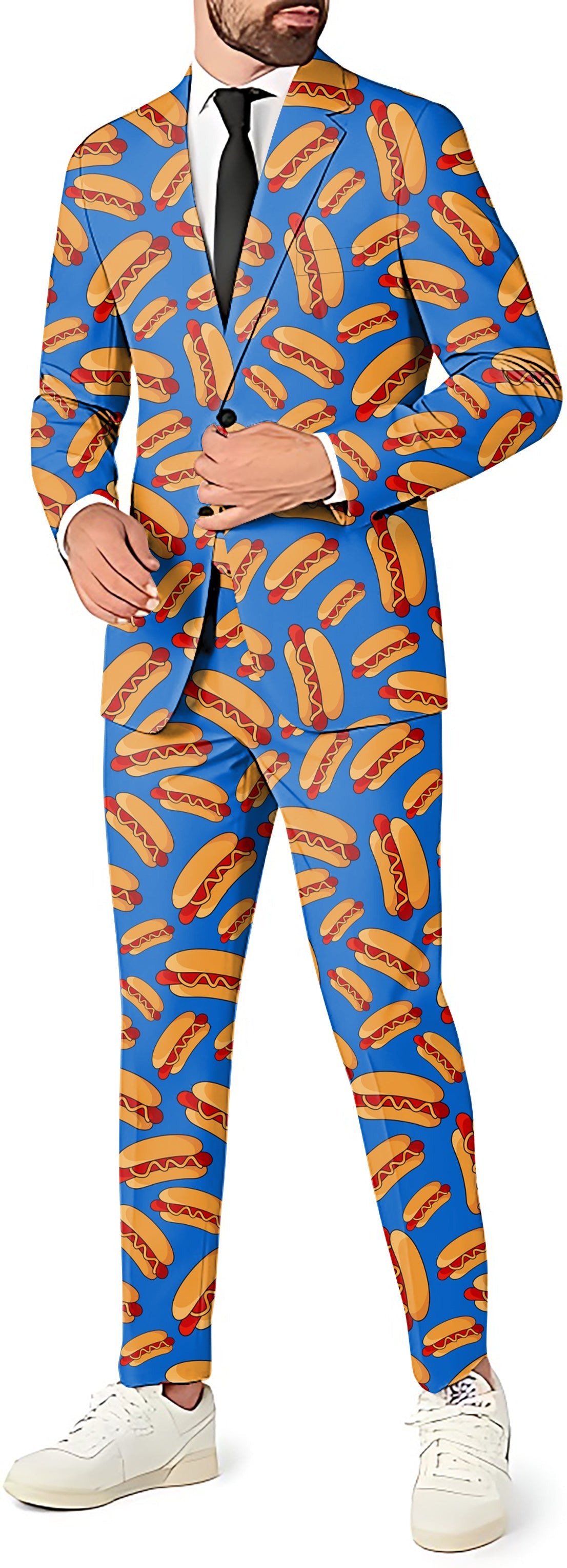 Men's slim fit blazer, pants, and vest suit with hot dog print for party and themed events