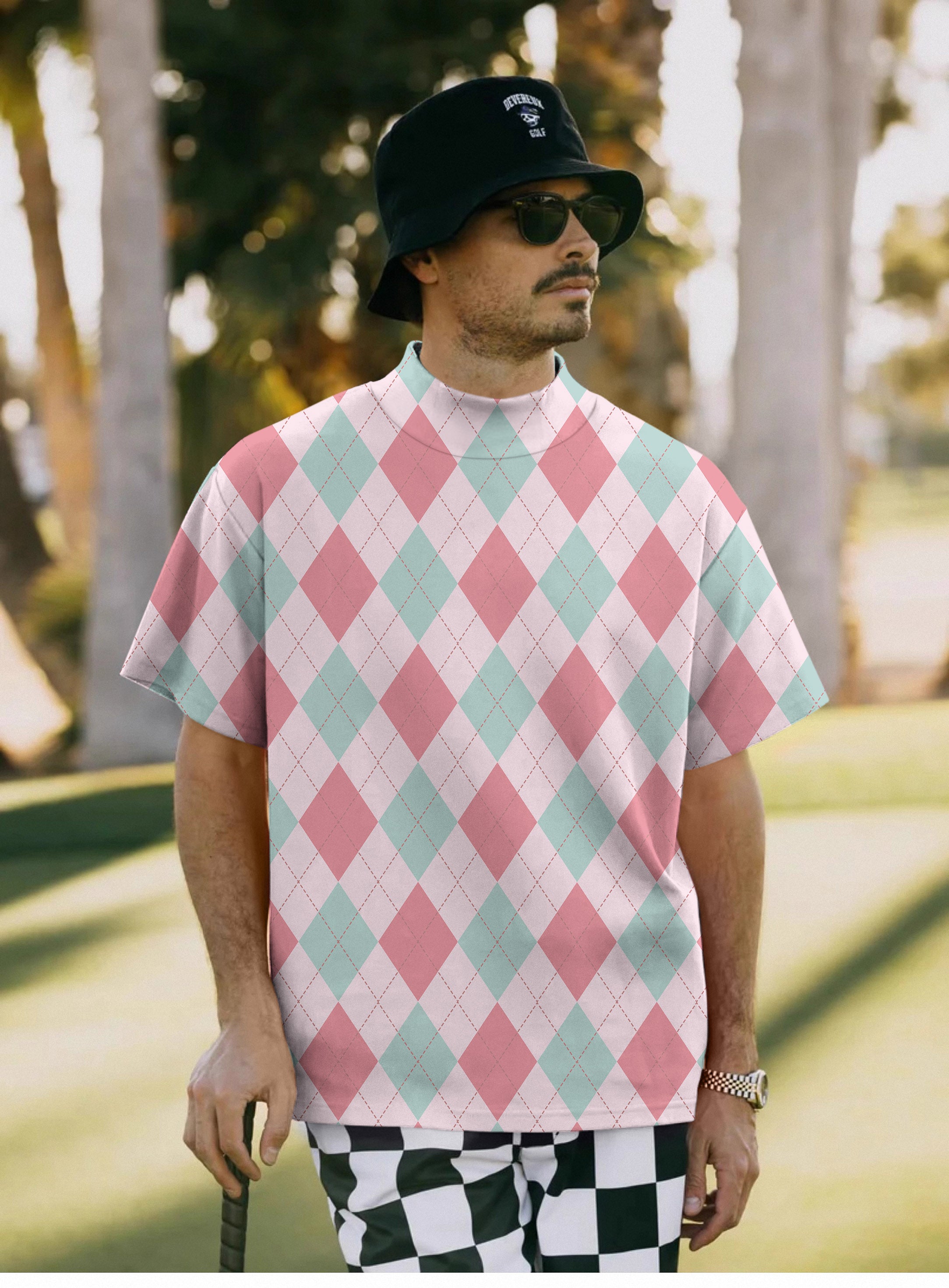 Men's pink Argyle Pullover High neck Long/Short sleeve T-Shirt
