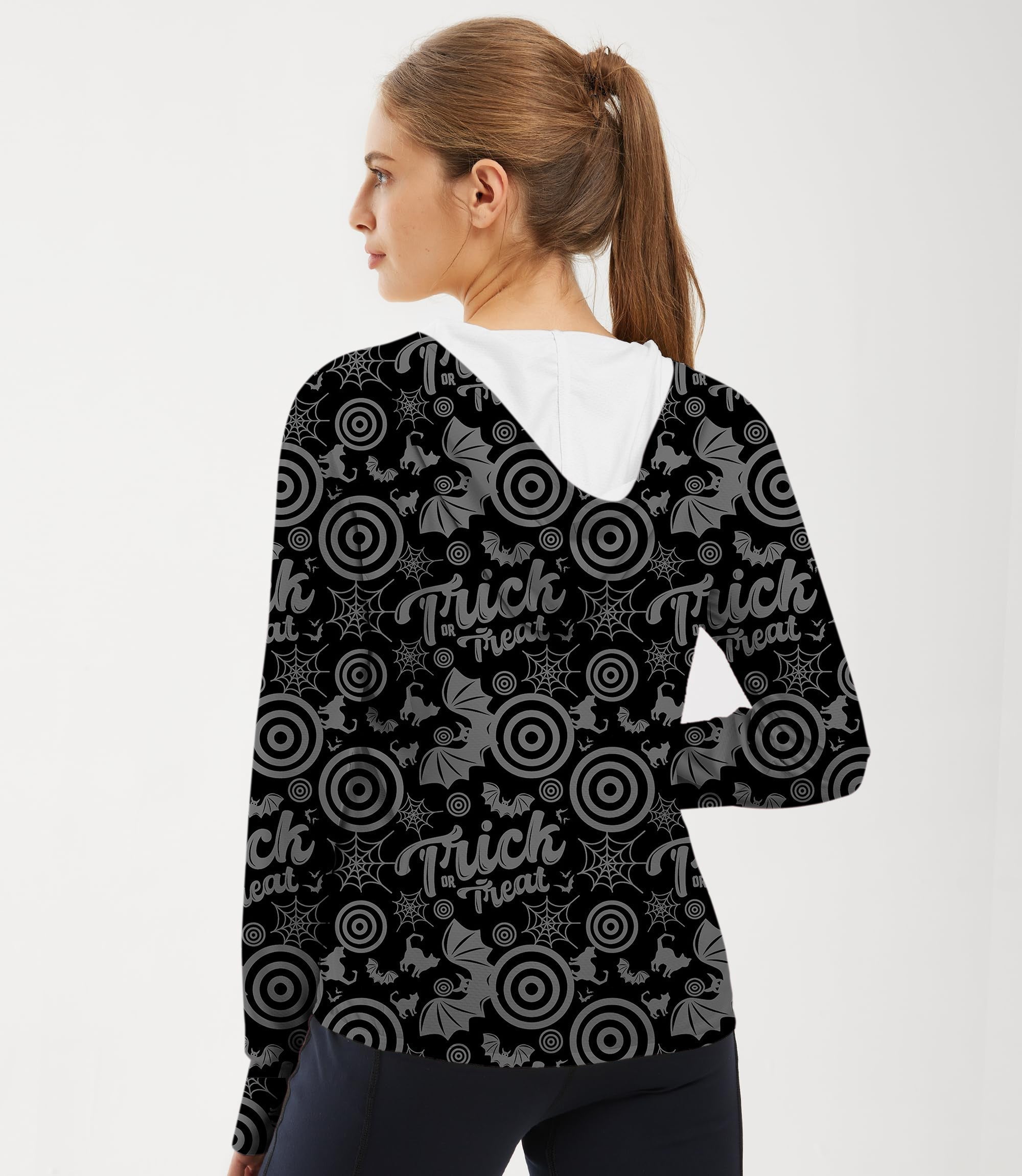 Women’s slim fit zip hoodie with Halloween bat, cat, and circle print, sun protection, breathable fabric for outdoor activities