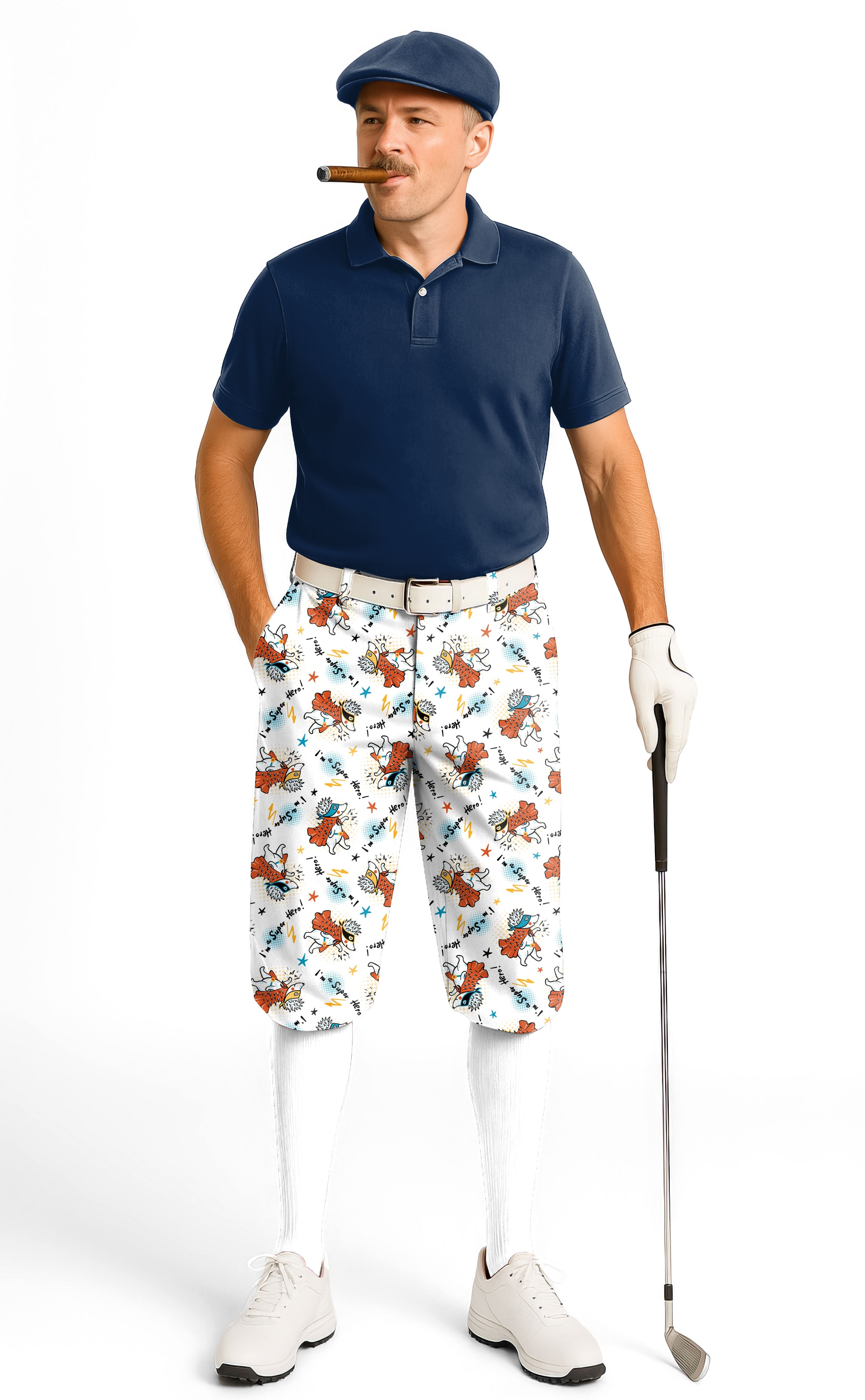 Man wearing Handsome Hedgehog men's golf knickers with pattern, navy polo, and golf glove holding club