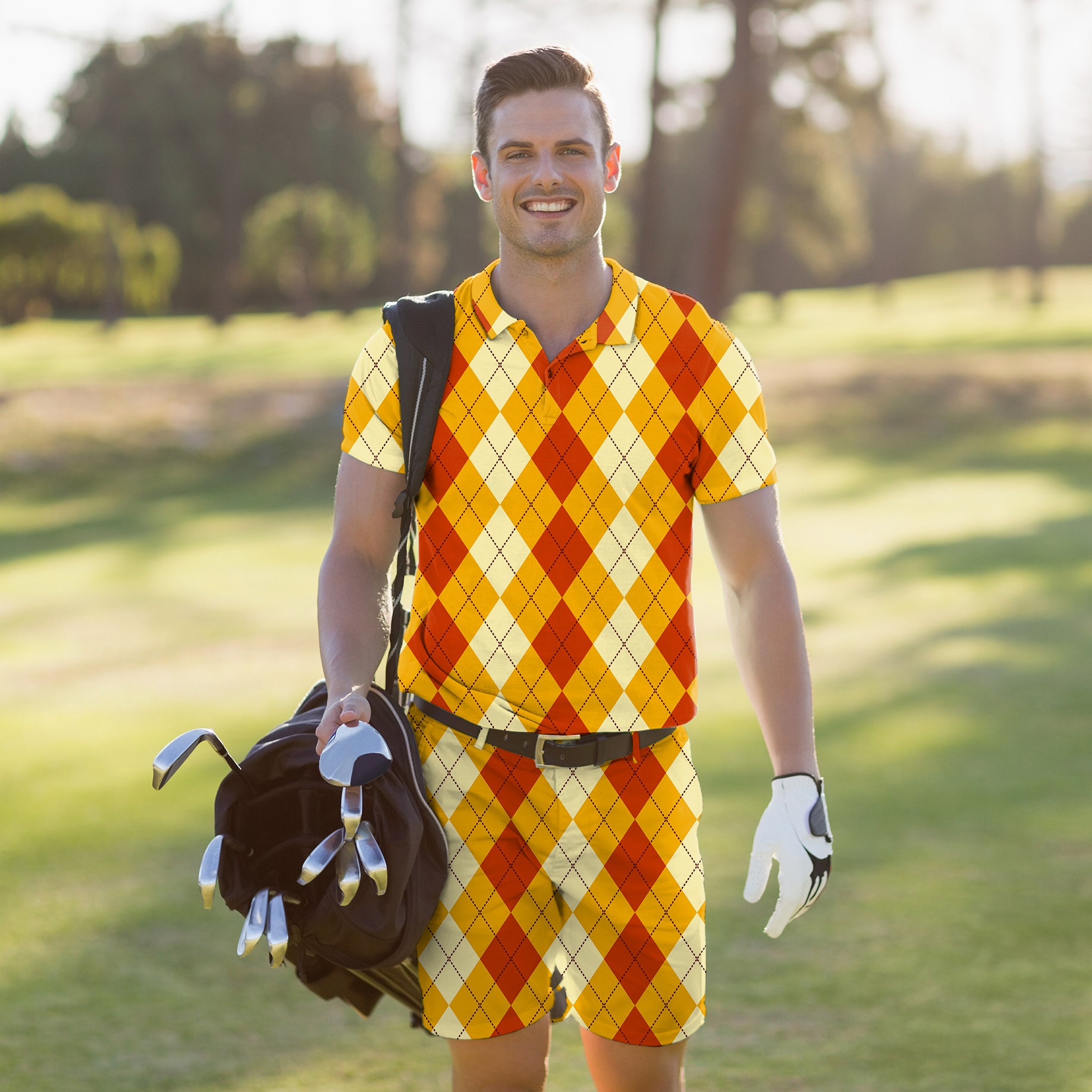 Men's Golf Set Polo+Shorts Halloween Light Yellow Red Argyle
