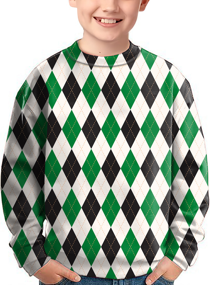 Kids crewneck pullover sweater with green, black, and white argyle grid pattern