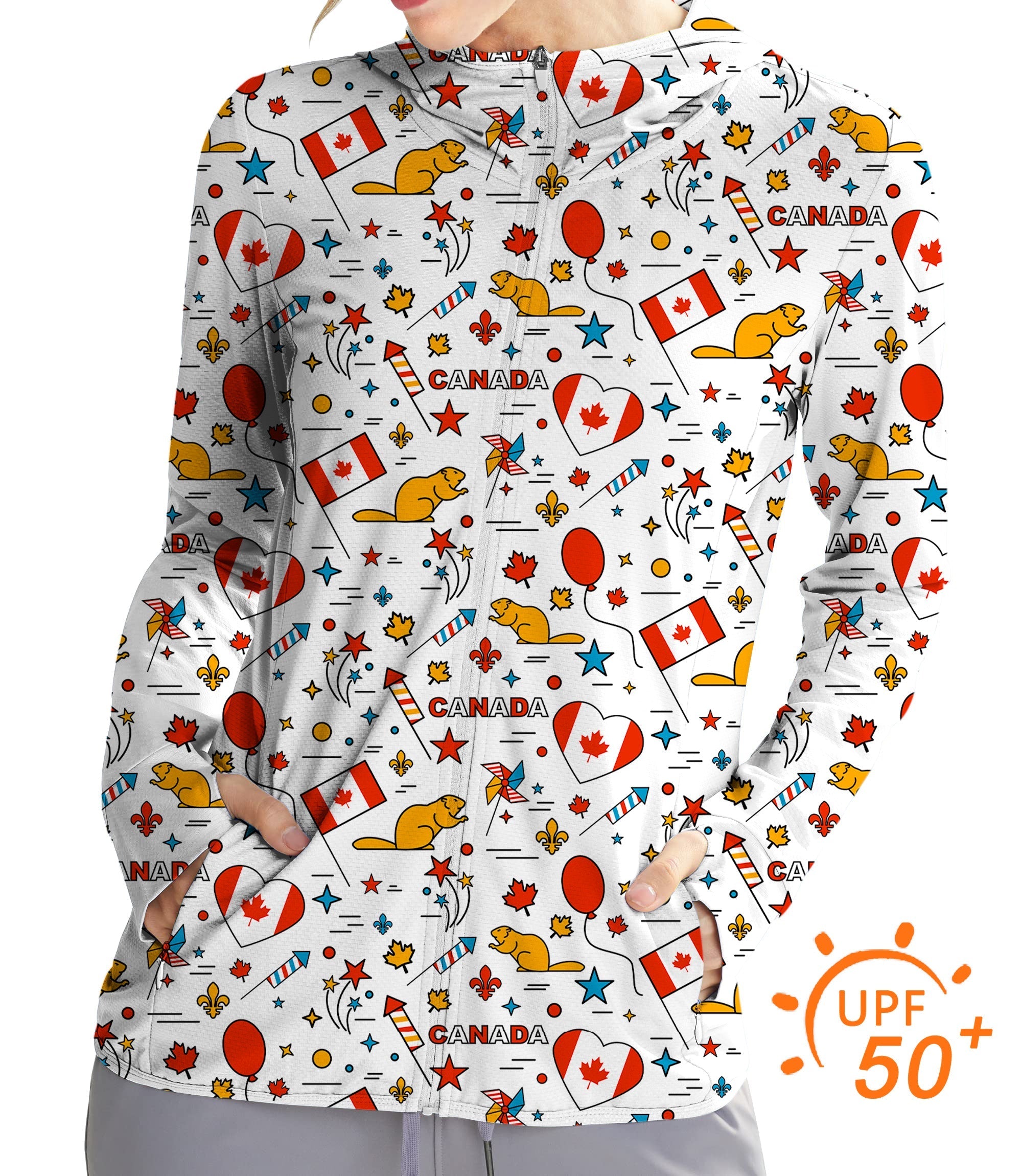 Women's outdoor Canadian balloon squirrel golf sun protection slim fit zip hoodie with UPF 50+ fabric and thumb holes
