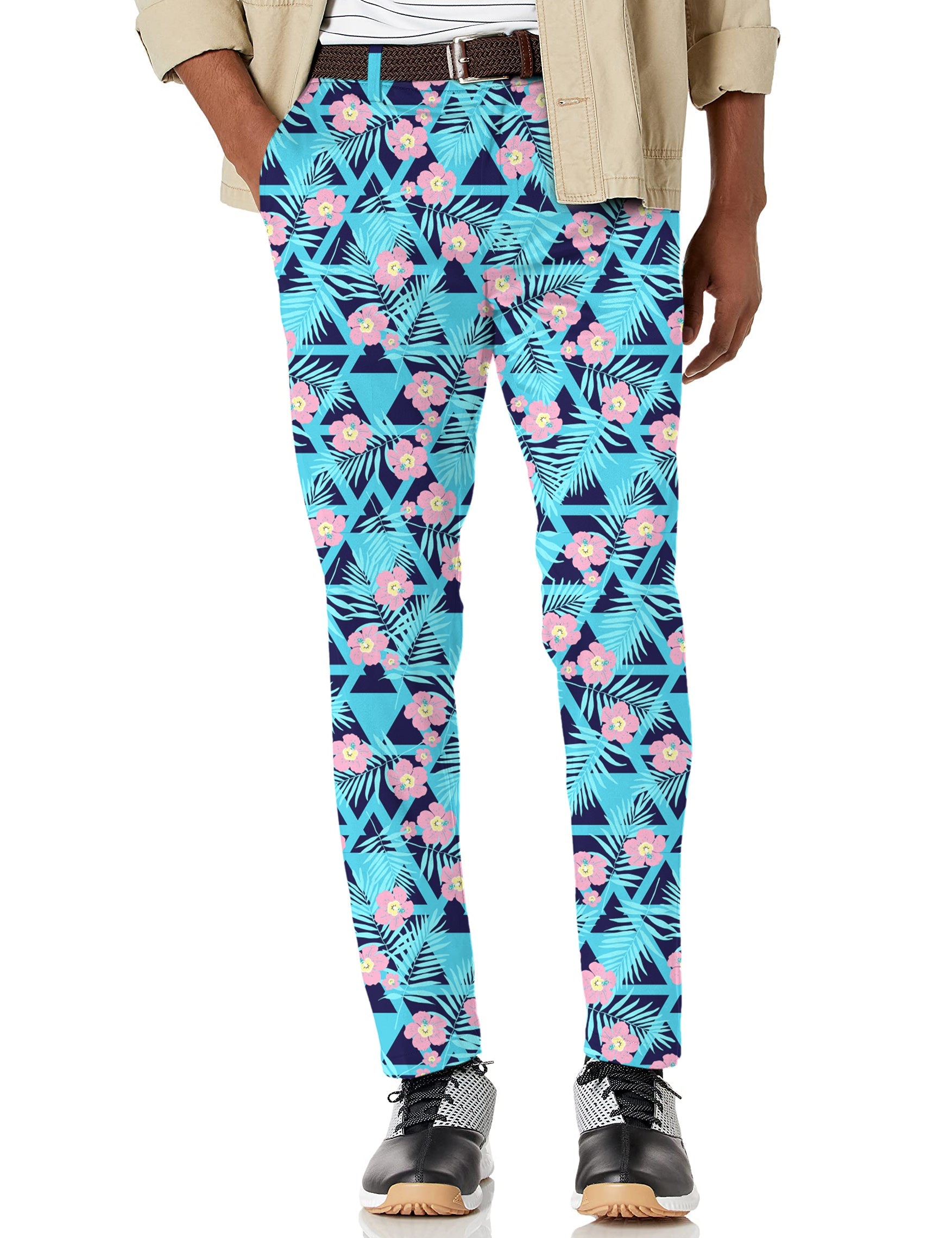 Men's Tropical Bloom stretch golf pants with vibrant floral and leaf pattern, moisture-wicking and wrinkle-resistant fabric, ideal for golf and casual wear