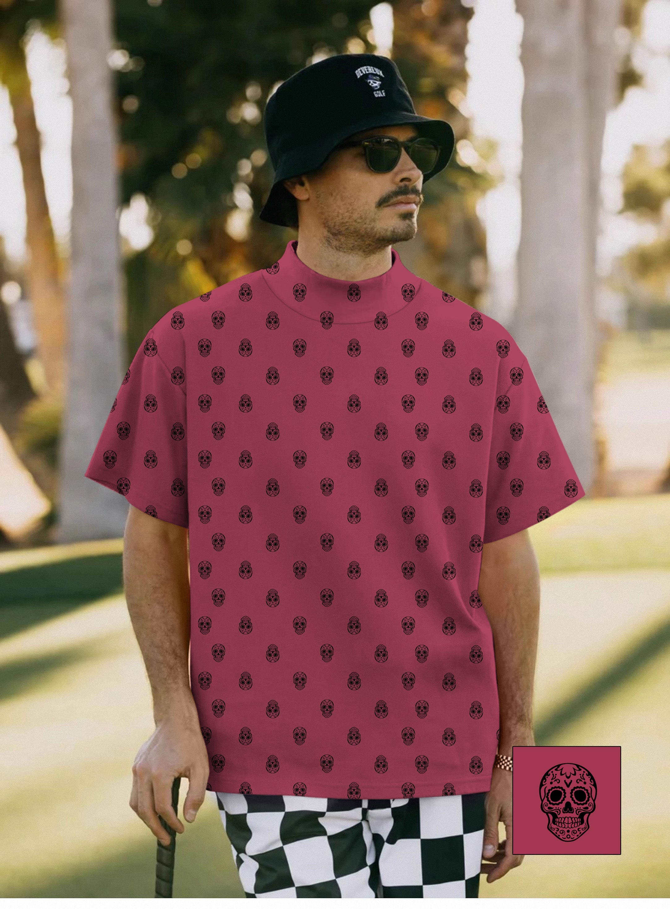 Men's skull custom short sleeve high neck pullover t-shirt with skull pattern and pink background