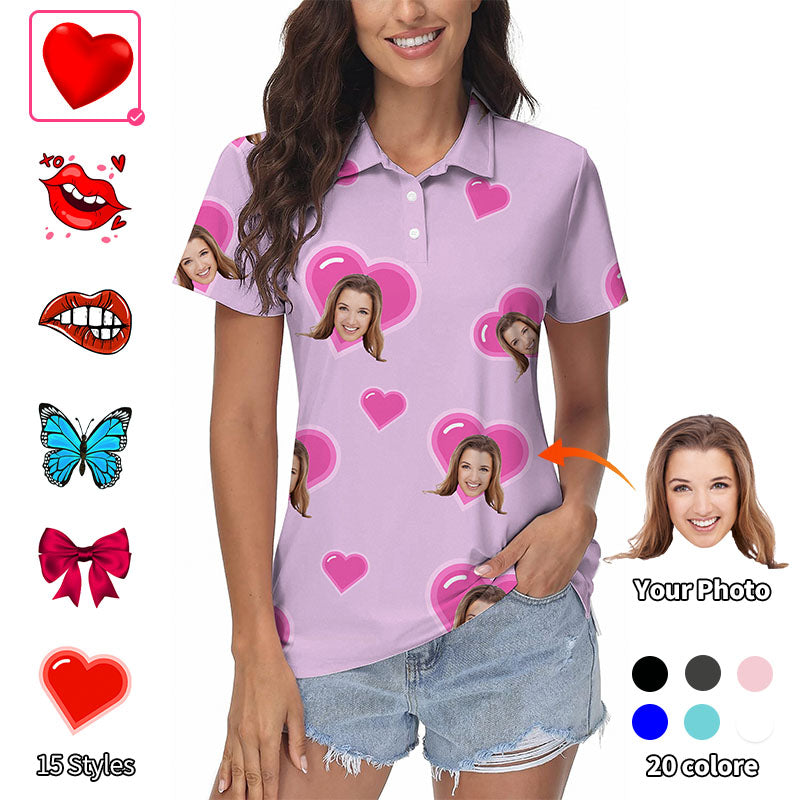 Valentine's Day custom photo purple women's golf polo with heart designs and personalized faces, moisture-wicking, stretchy, wrinkle-resistant, UPF 40+ protection.