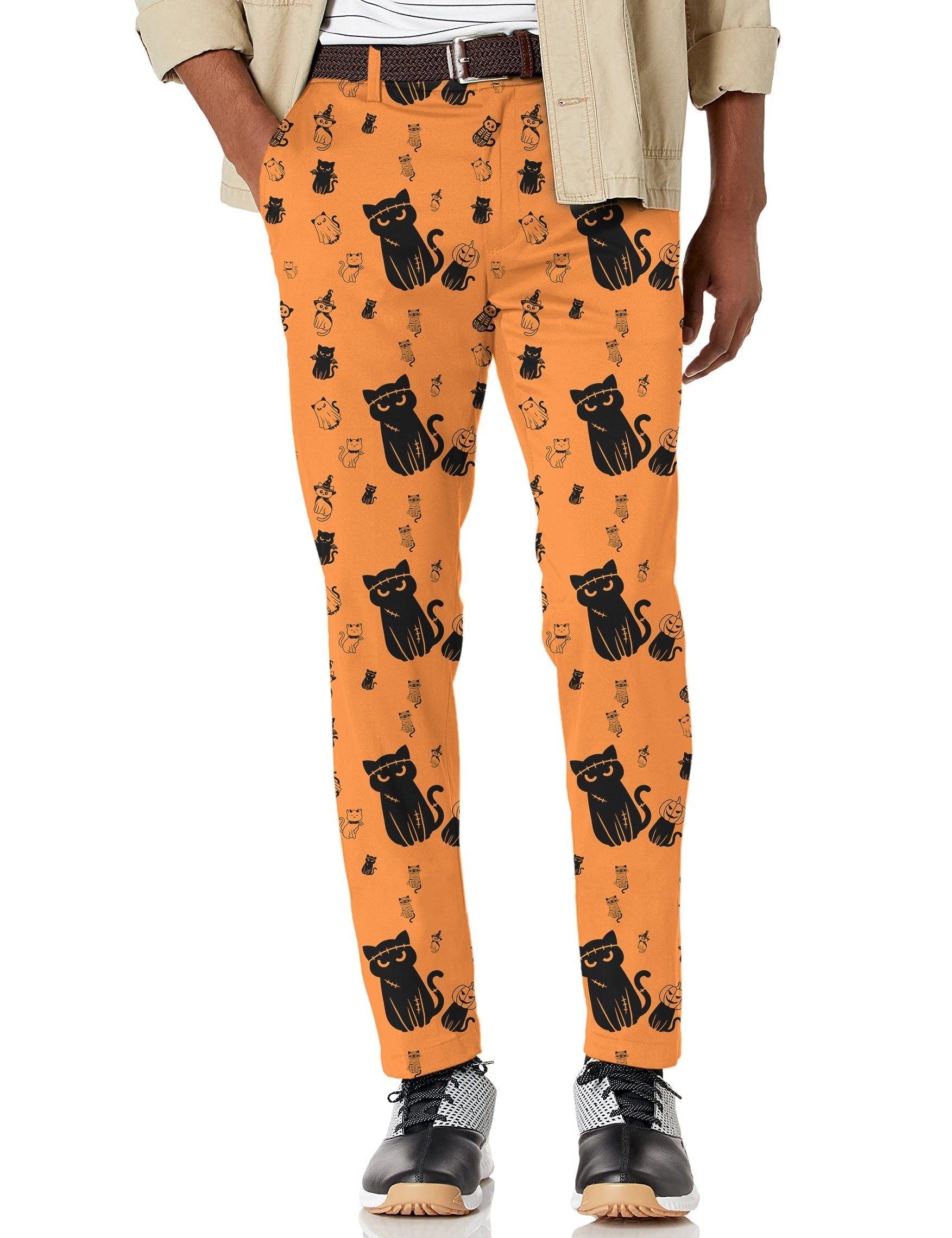 Men's Halloween cute cat golf pants with stretch, moisture-wicking fabric, and classic pockets