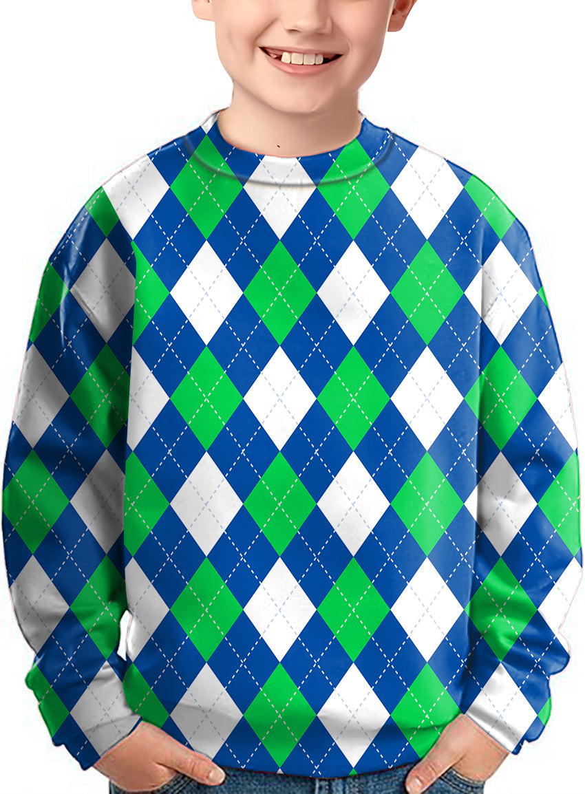 Argyle green blue Crewneck Pullover Kids Ugly Sweater