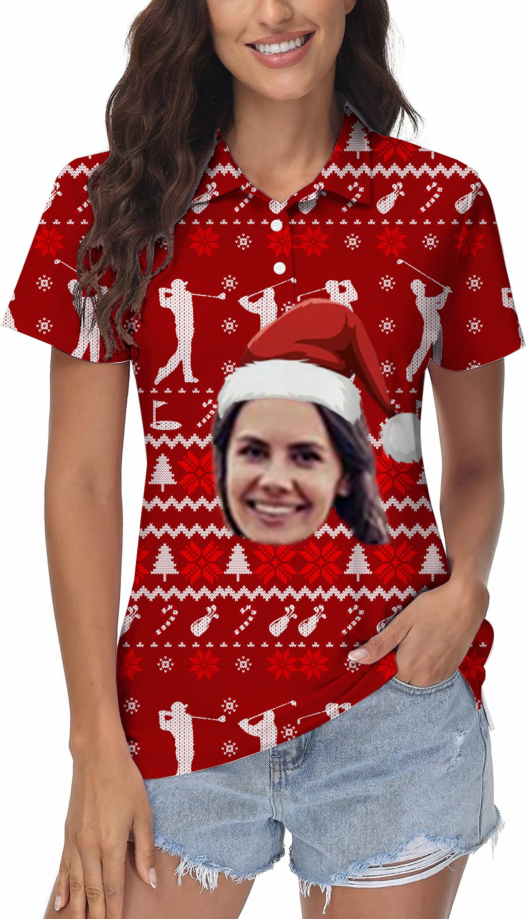 Custom face Women's Golf Polo with Christmas design and personalized face on red polo shirt