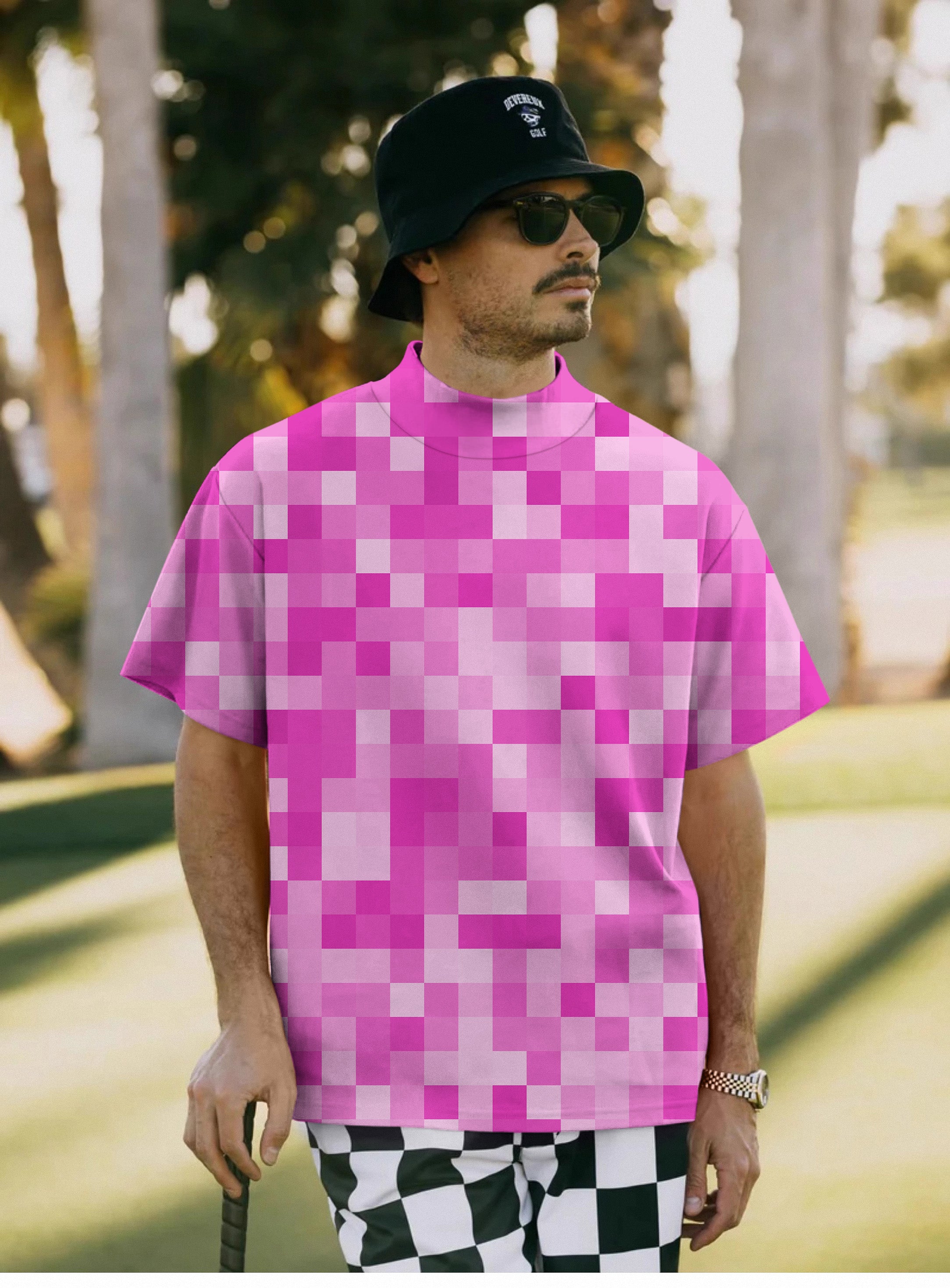 Men's Rose Red Pixel Big Pullover High neck Long/Short sleeve T-Shirt