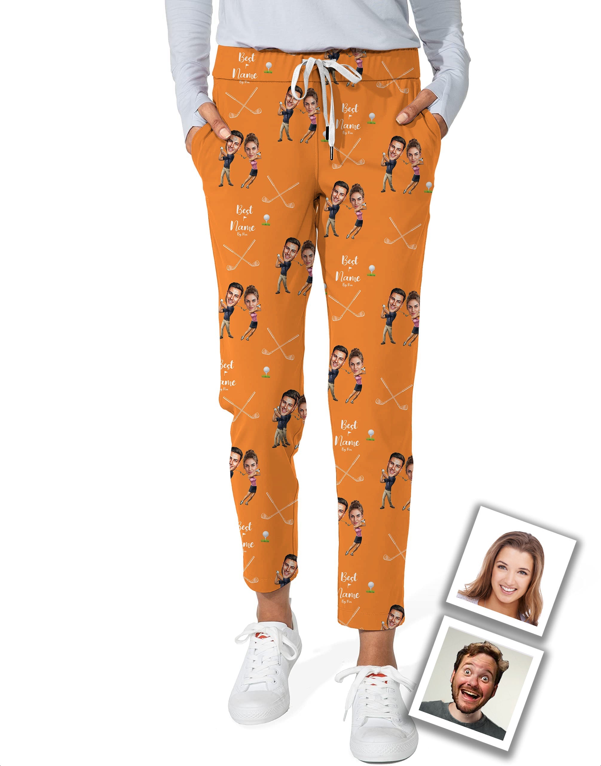Women's stretch ankle golf pants with custom couple photo and name print in orange color