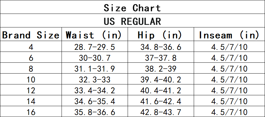 Size chart for women's White Pizza Custom golf shorts with waist, hip, and inseam measurements in US regular sizes 4 to 16