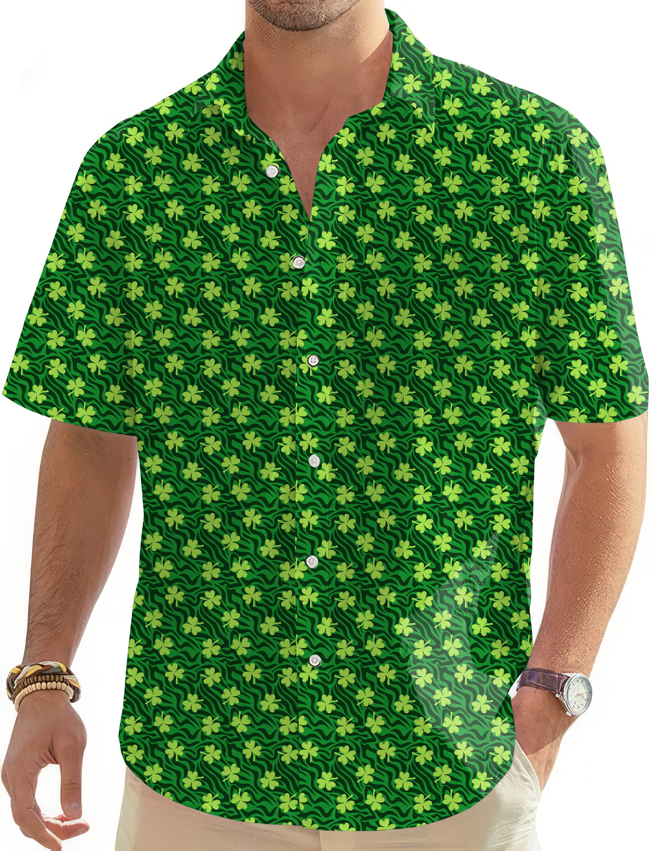 Leaf clover Green zebra St. Patrick's Day-Men's Golf Hawaiian Shirts Button Down Shirt