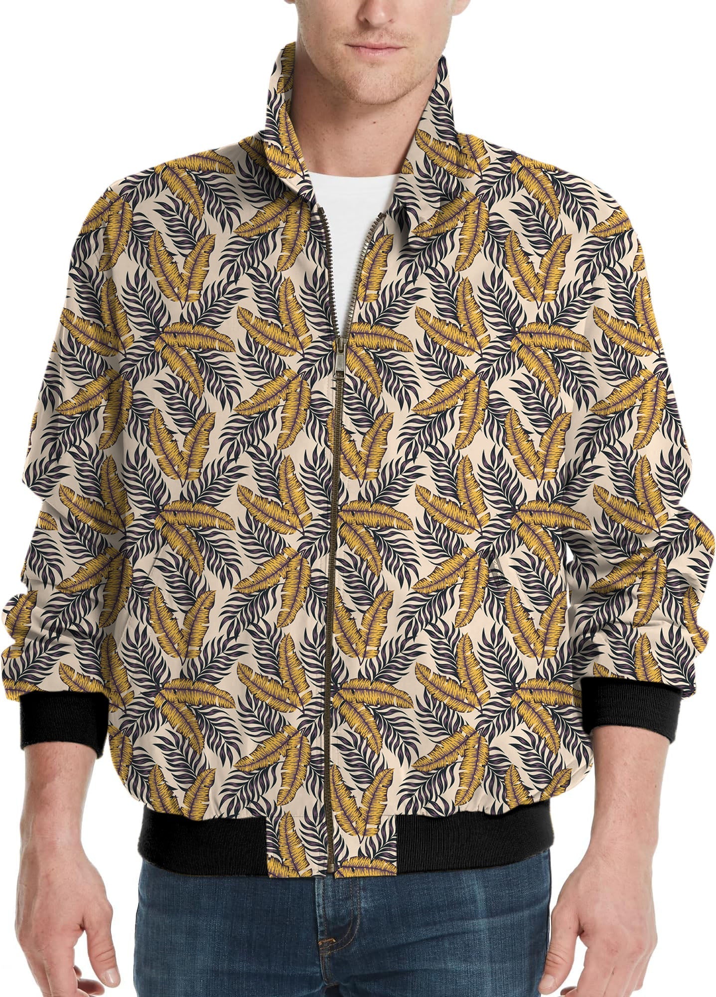 Golden Tropics men's golf windbreaker jacket with tropical leaf pattern and black cuffs