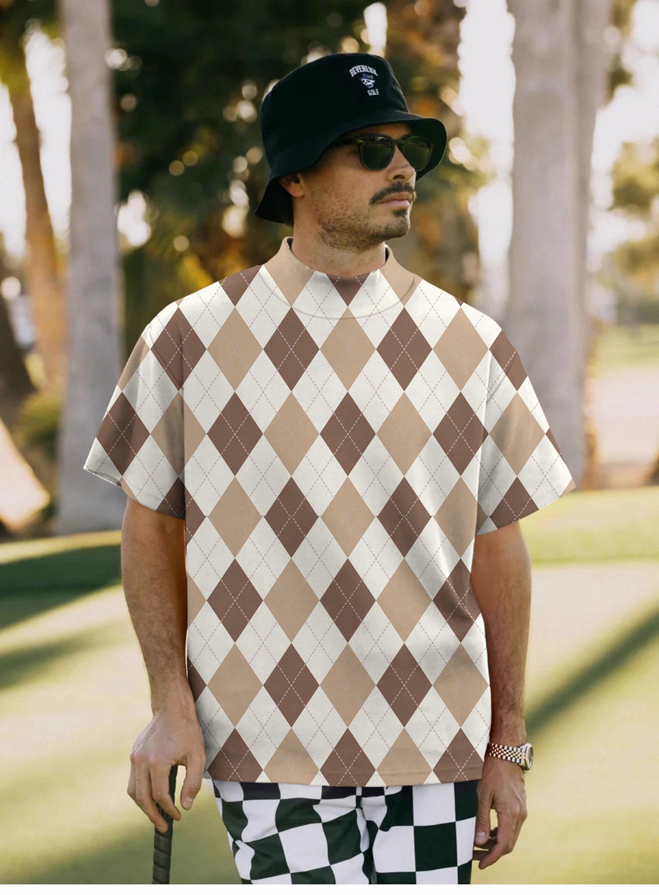 Men's brown Argyle Pullover High neck Long/Short sleeve T-Shirt