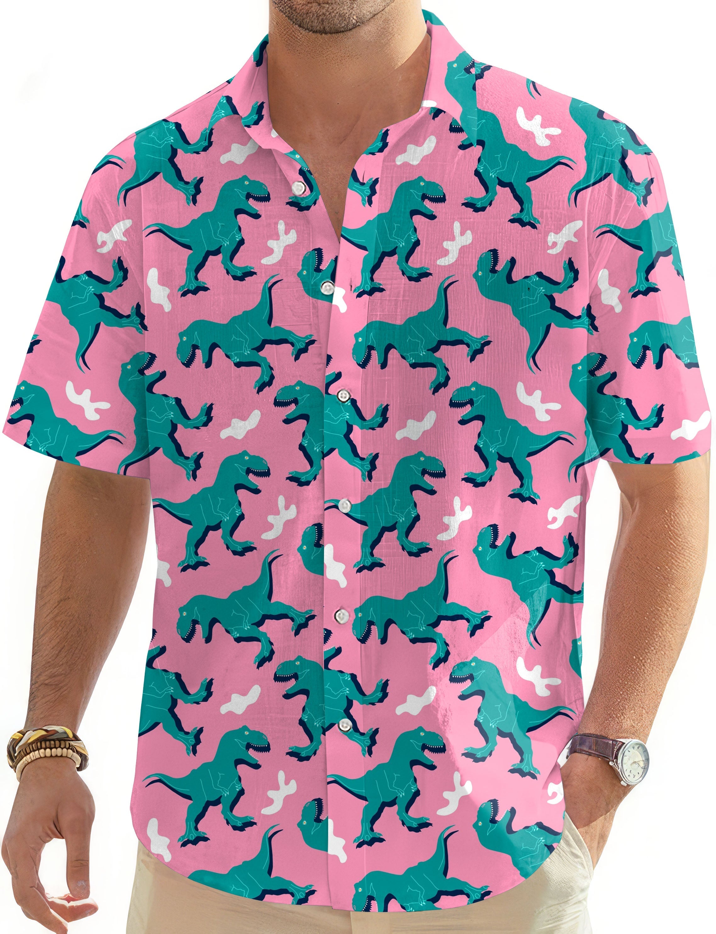Men's Hawaiian shirt with green dinosaur print on pink background, short sleeve button-down style