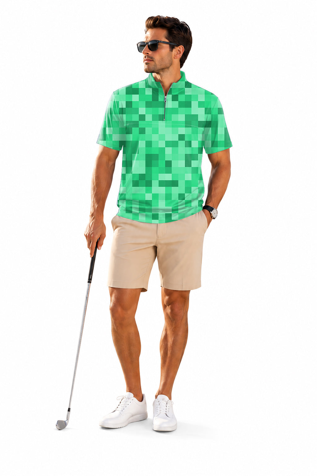 Men's Short Sleeve Quarter Zip Golf Pullover Green Pixel-Big Embroidery