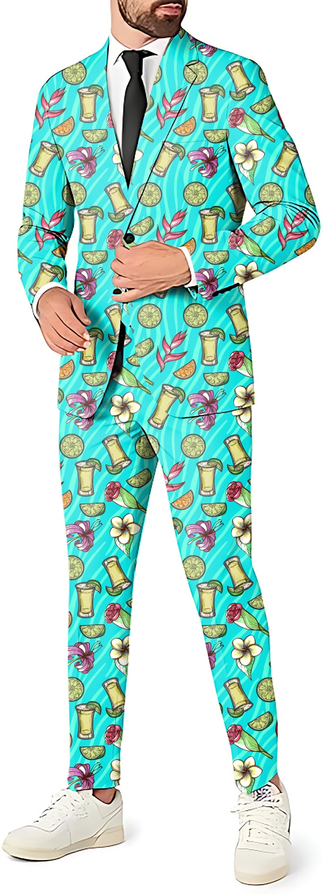 Agave Greens Men's party suit set with tropical drink print blazer, pants, and vest