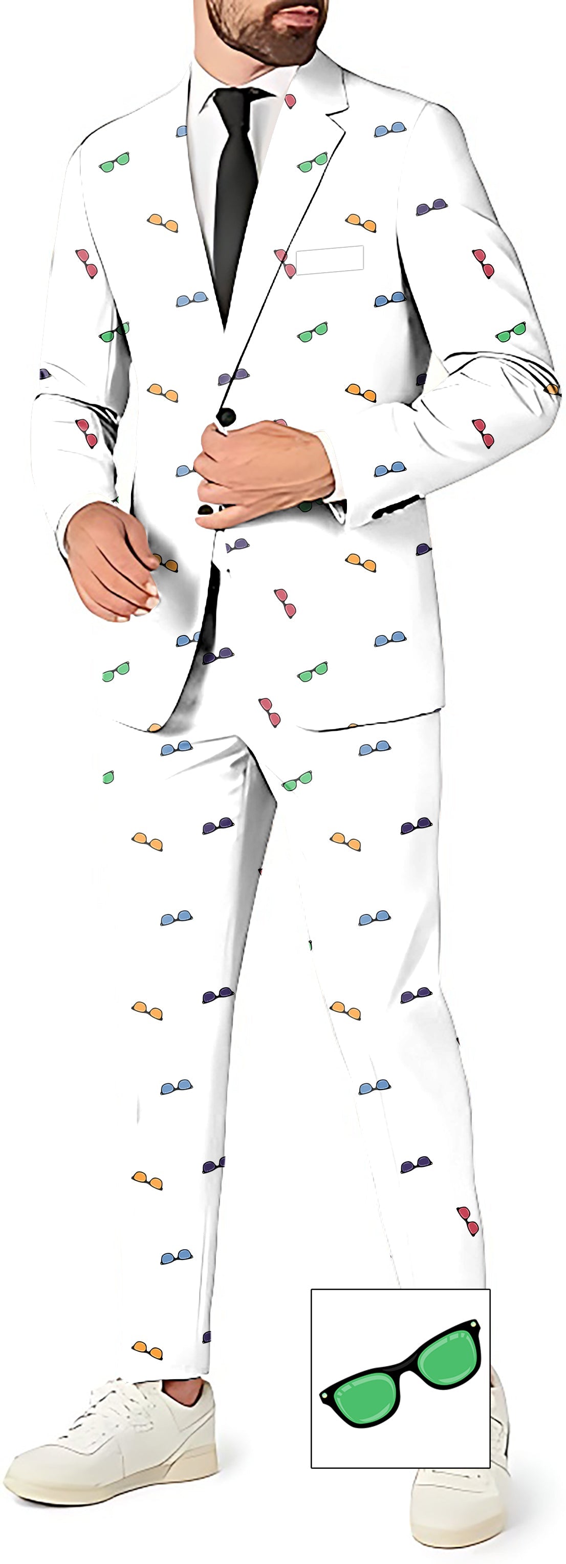 Men's colorful sunglass print blazer and pants suit set with vest for theme party costumes