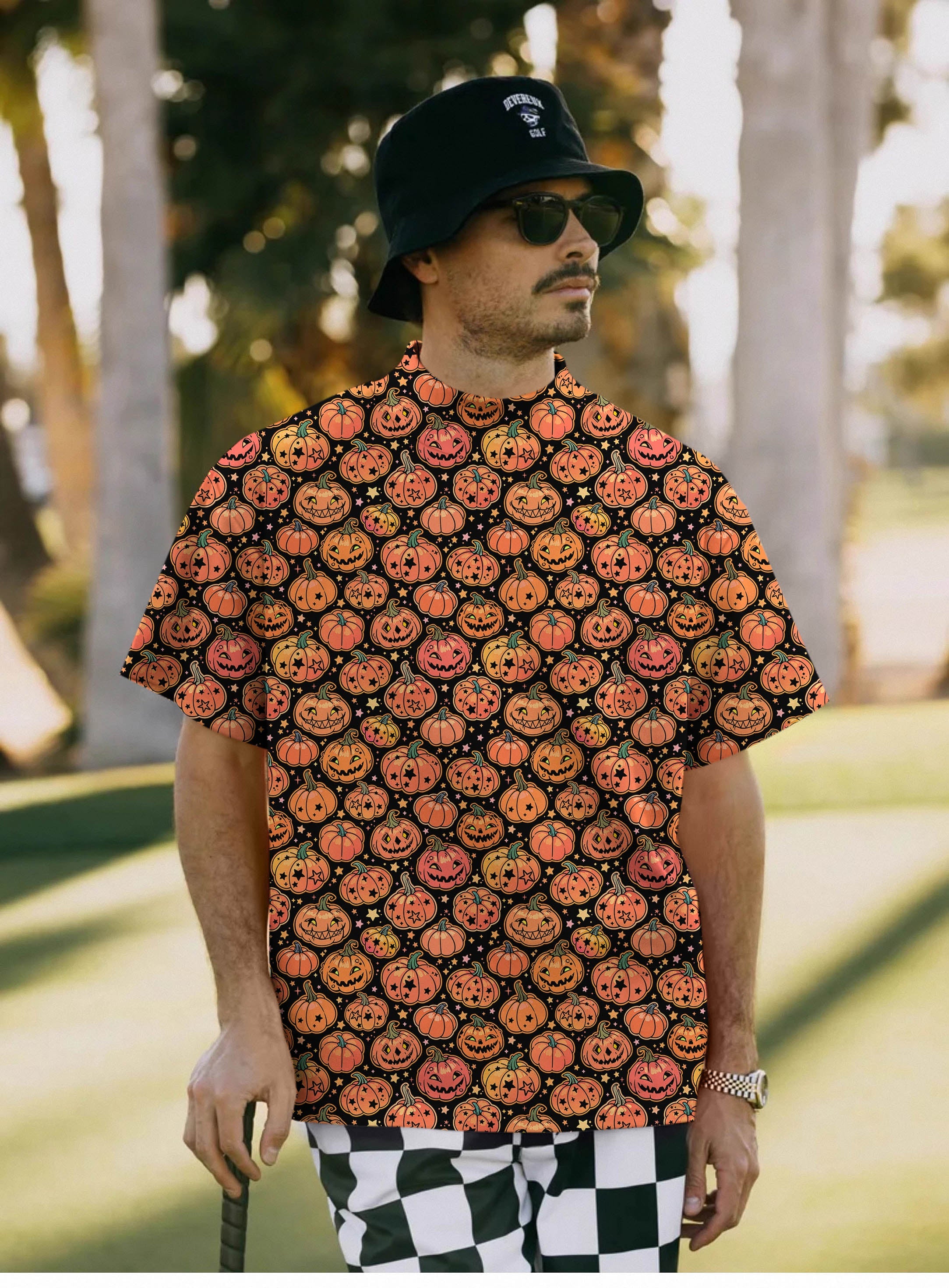 Men's Halloween star pumpkin bones pullover t-shirt with spooky pumpkin pattern and high neck design