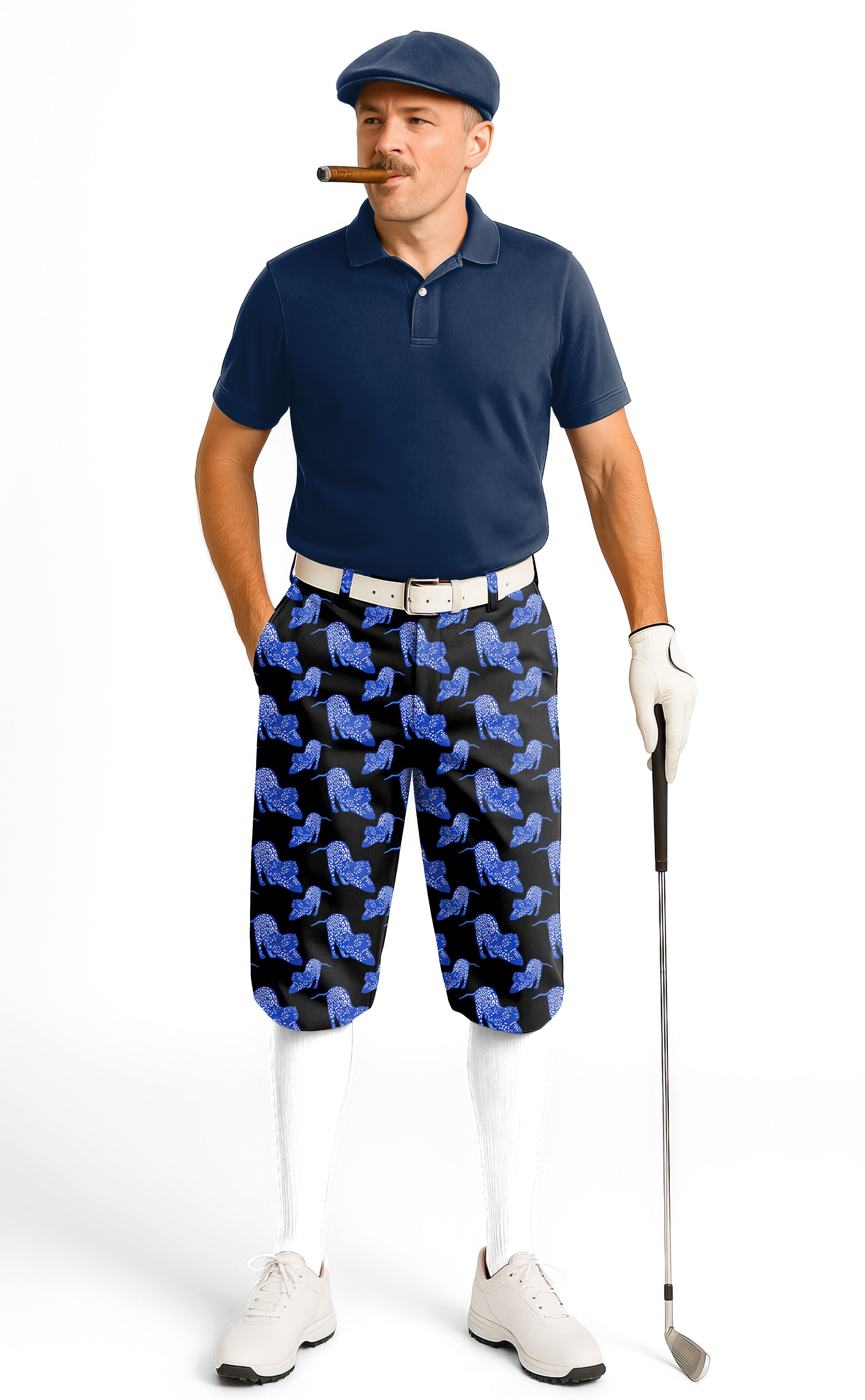 Man wearing Blue Jaguar Men's Golf Knickers Pants with blue jaguar print, navy polo, white socks, and golf glove holding a golf club.