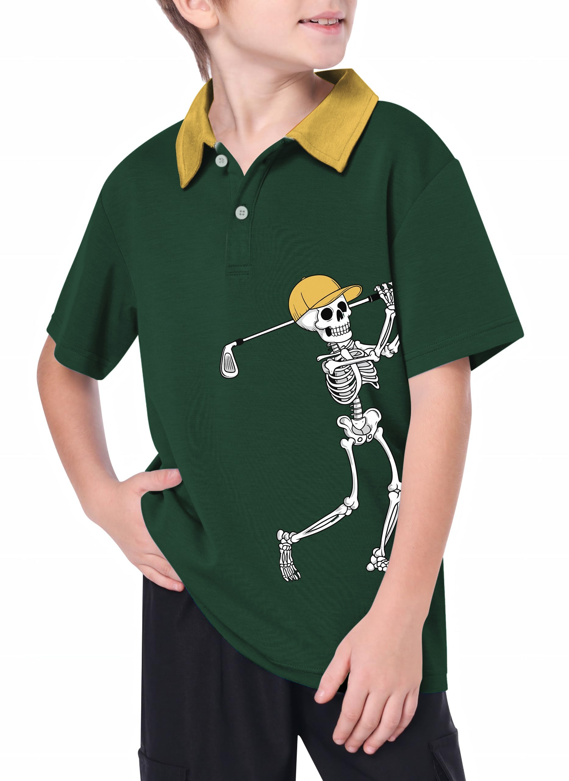 Youth golf polo with yellow-green collar and skeleton golf graphic design