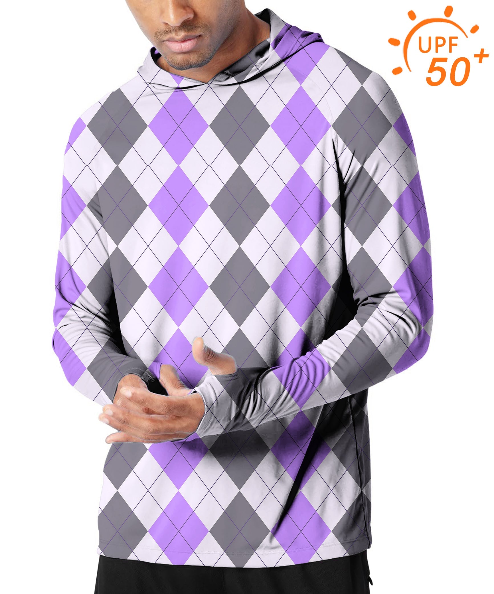 Men's outdoor purple grey argyle slim fit golf hoodie with UPF 50+ sun protection and moisture-wicking fabric