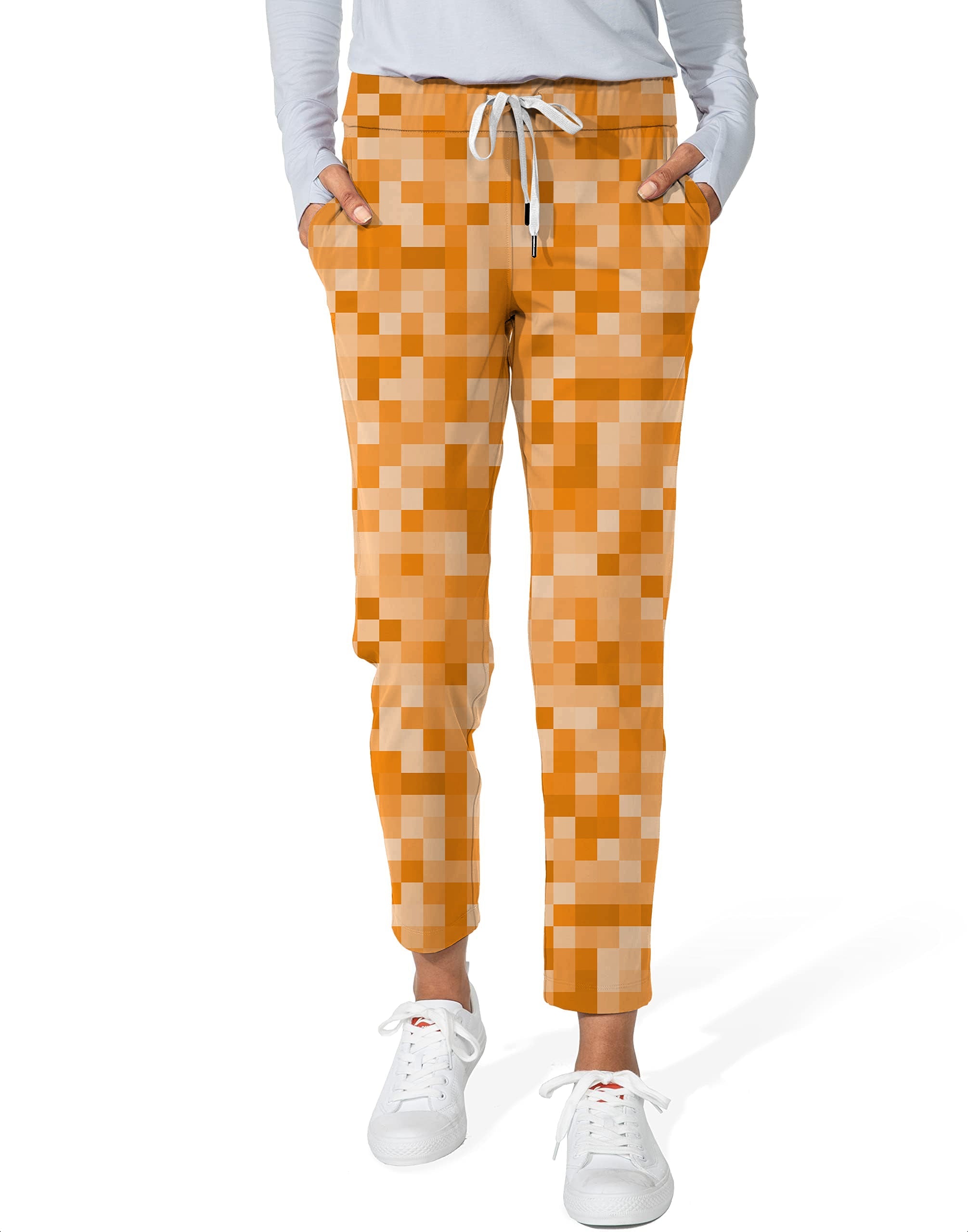 Orange Pixel Big Women's 7/8 stretch ankle golf pants with pixel pattern and drawstring waistband