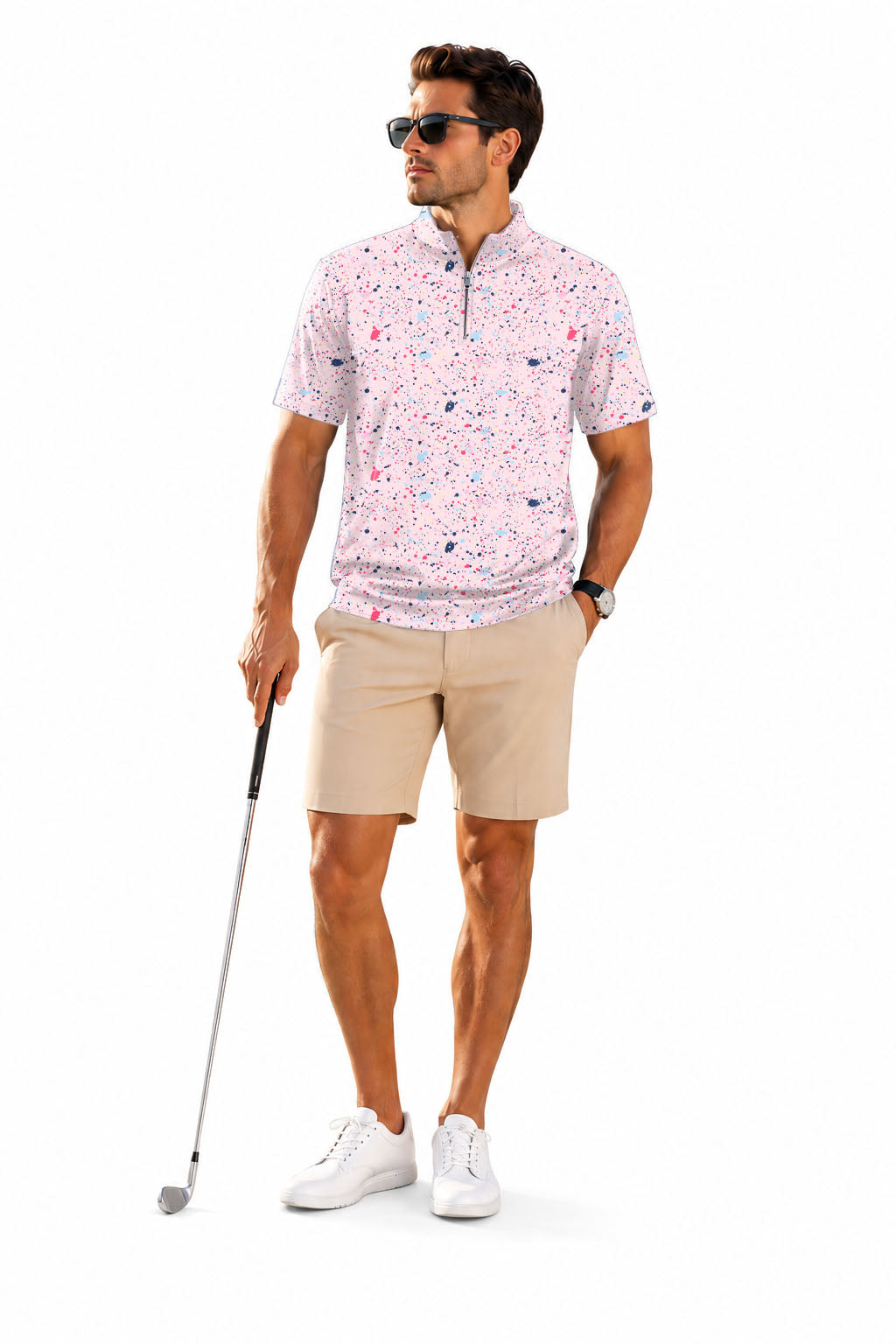 Men's Short Sleeve Quarter Zip Golf Pullover Black Pink Ink Dots Embroidery