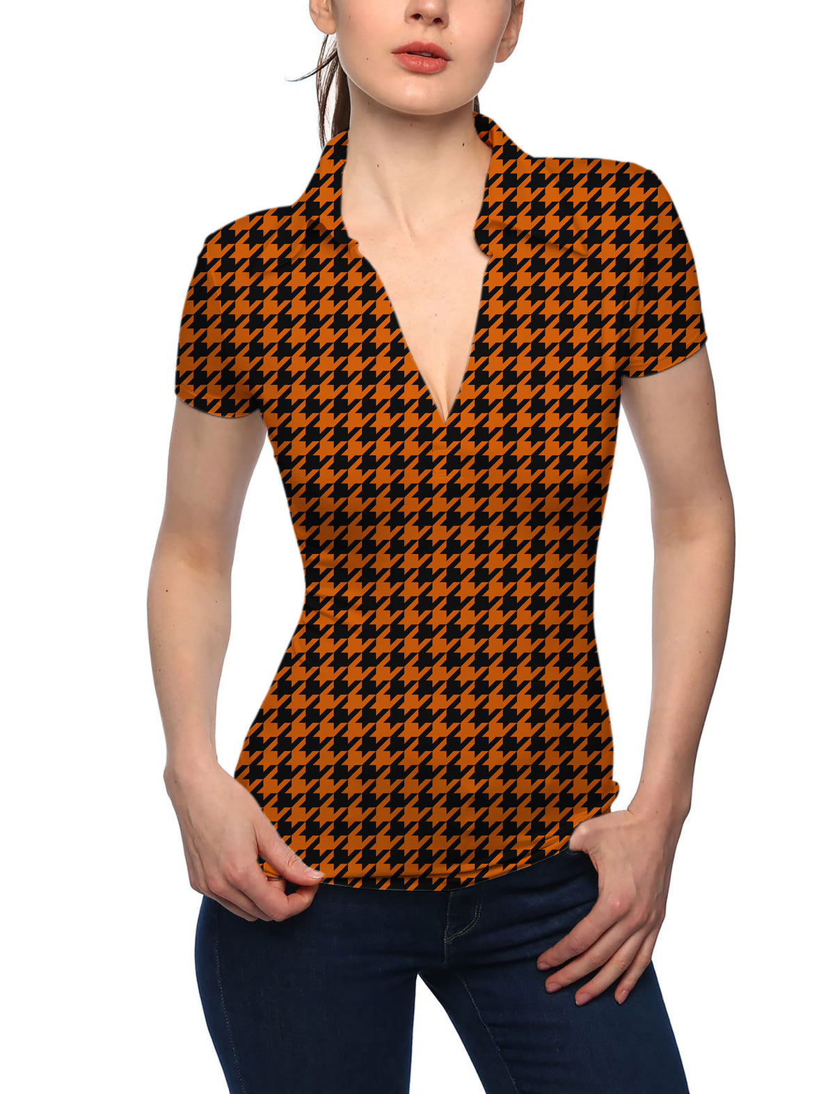 Women's Halloween yellow and black houndstooth V Neck Golf Polo