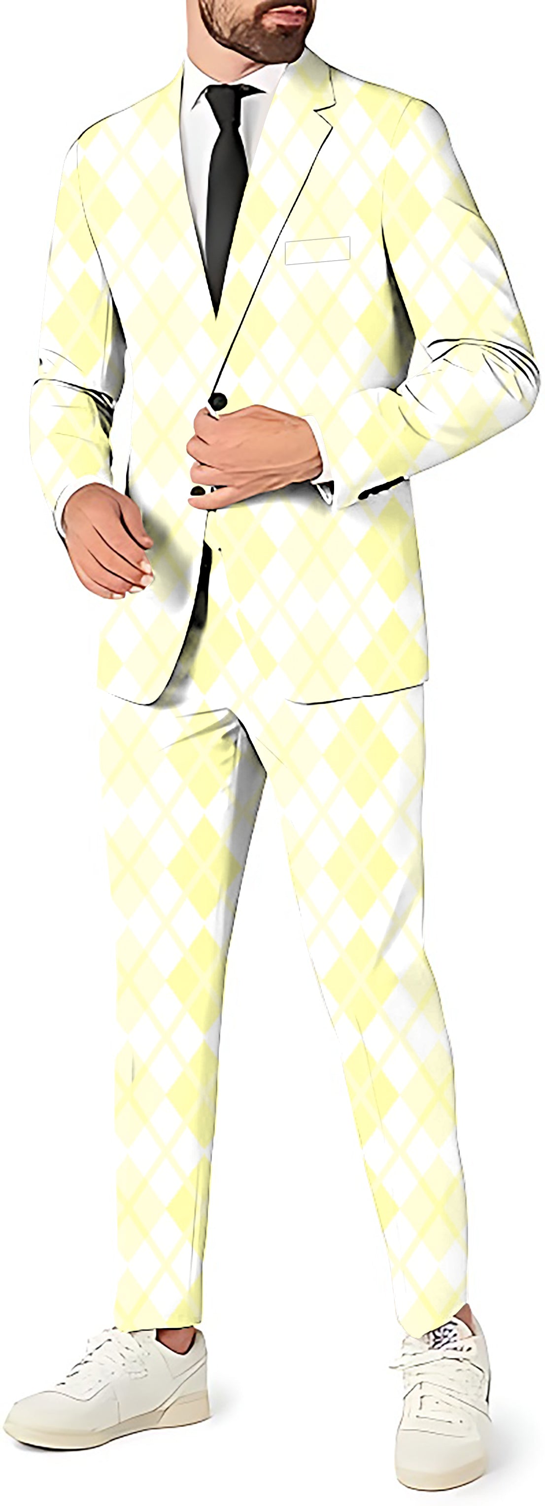 Men's Argyle yellow grid party suit set with blazer, pants, and vest