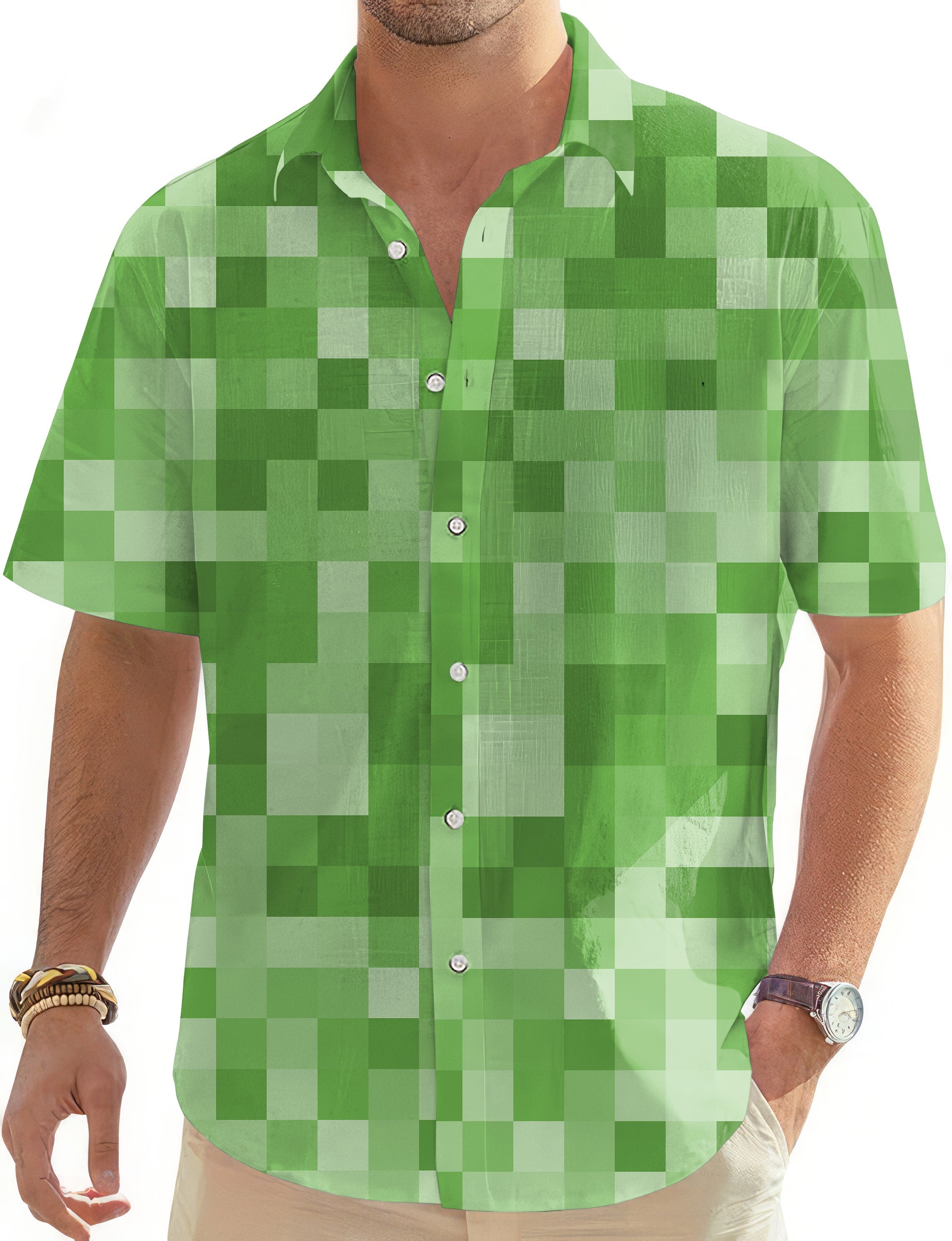 Light green pixel pattern men's short sleeve Hawaiian button-down shirt