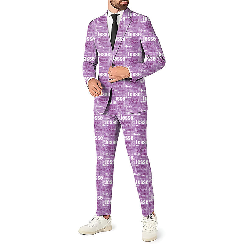 Custom repeat name men's party suit set with blazer, pants, and vest in purple with personalized text pattern