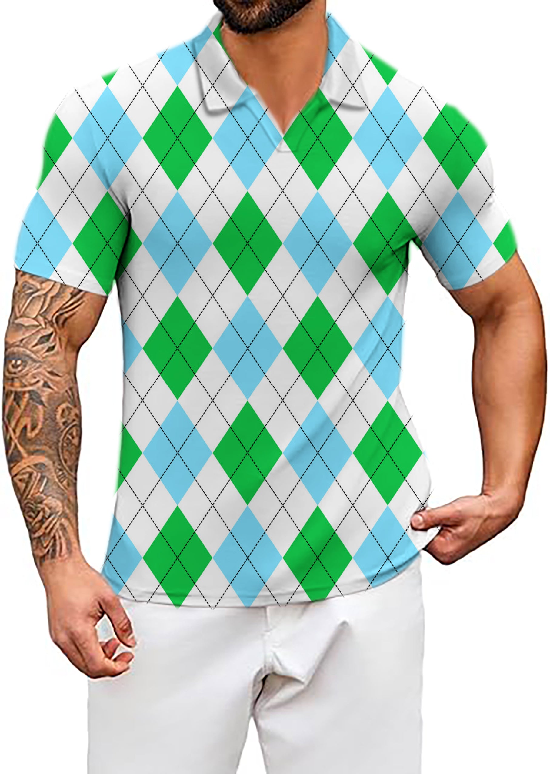 Men's Green diamond grid V Neck Golf Polo Shirts