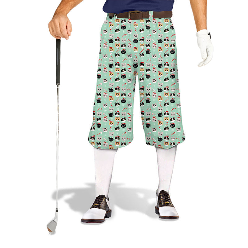 Christmas cat men's golf knickers with festive cat pattern, snug ankle cuffs, lightweight breathable fabric, and adjustable Velcro waistband