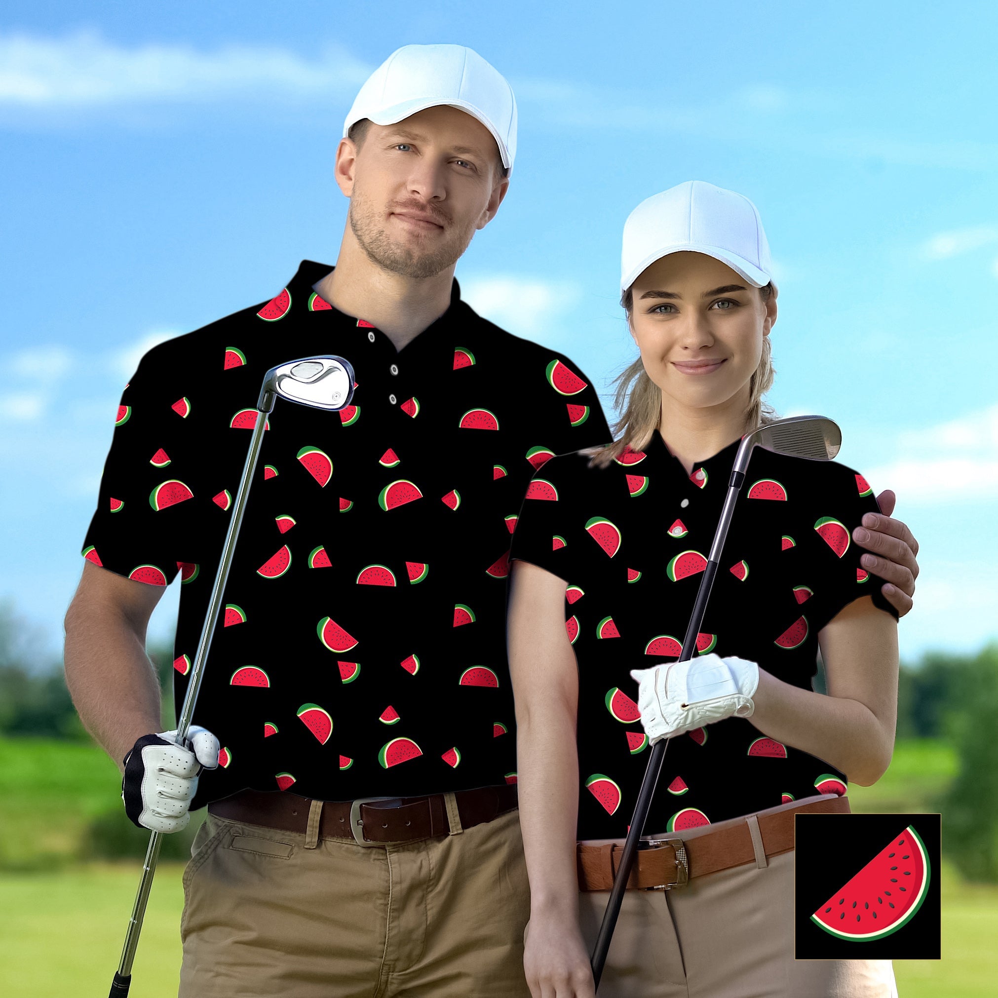Couple wearing custom watermelon print golf shirts holding clubs on golf course