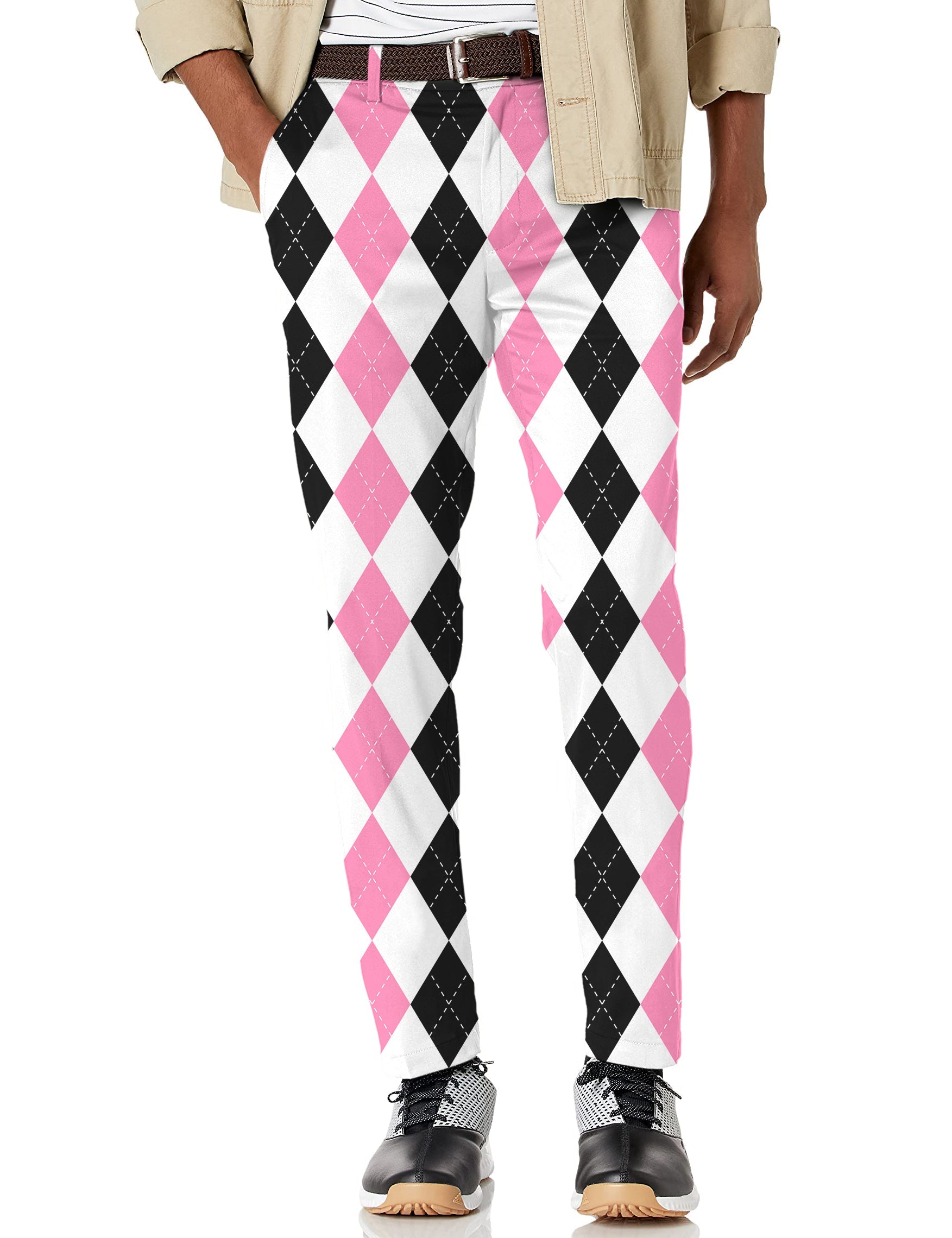 Men's pink black argyle stretch golf pants with moisture-wicking performance fabric and active waistband