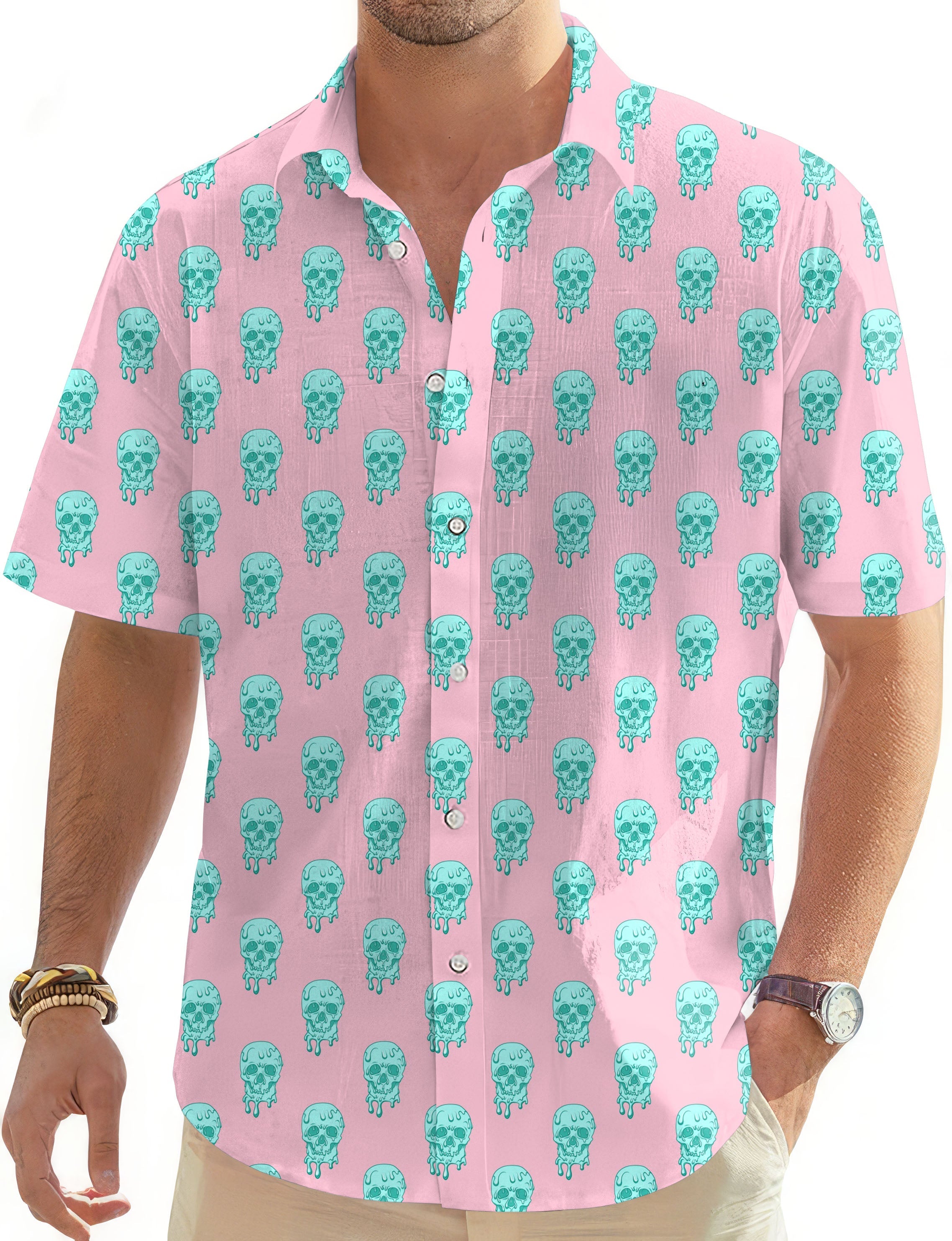 Icey Skulls-Men's pink Hawaiian golf shirt with turquoise skull pattern and short sleeves