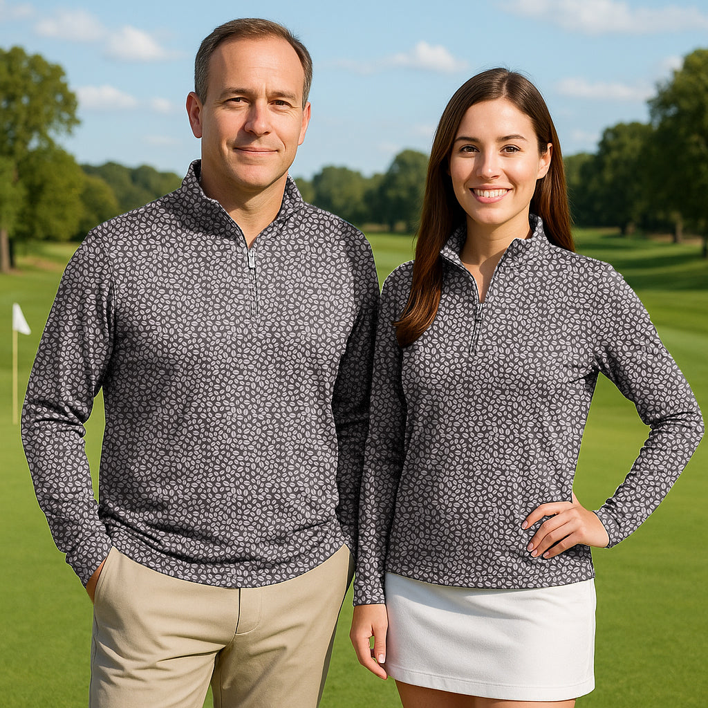 Couple wearing Coffee Beans pattern golf 3/4 zip tops with long sleeves on golf course