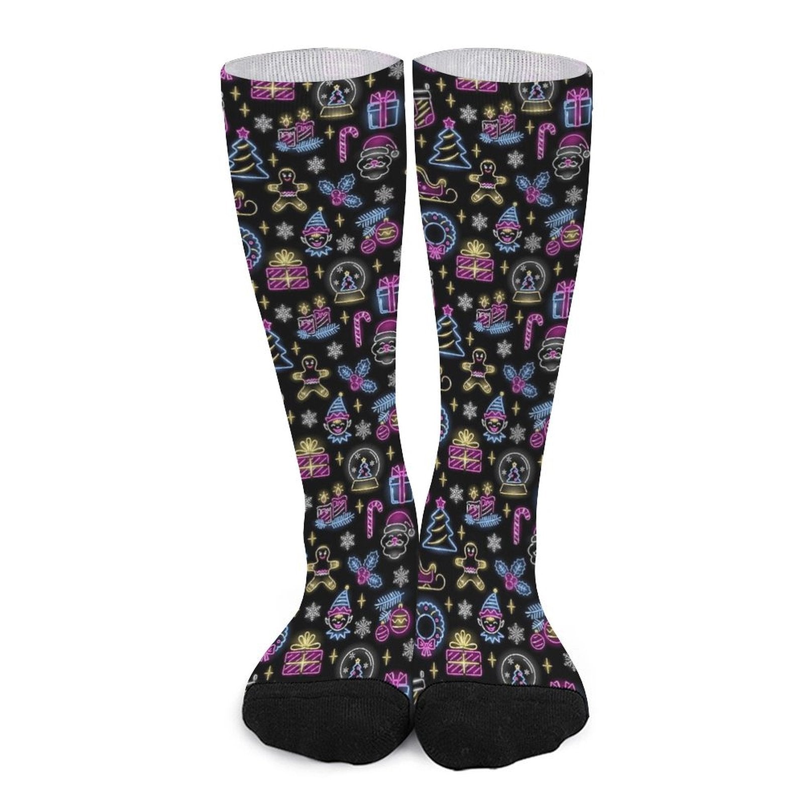 Season neon printed Christmas socks with colorful holiday icons on black background, cushioned sole for comfort, unisex crew length gift socks.
