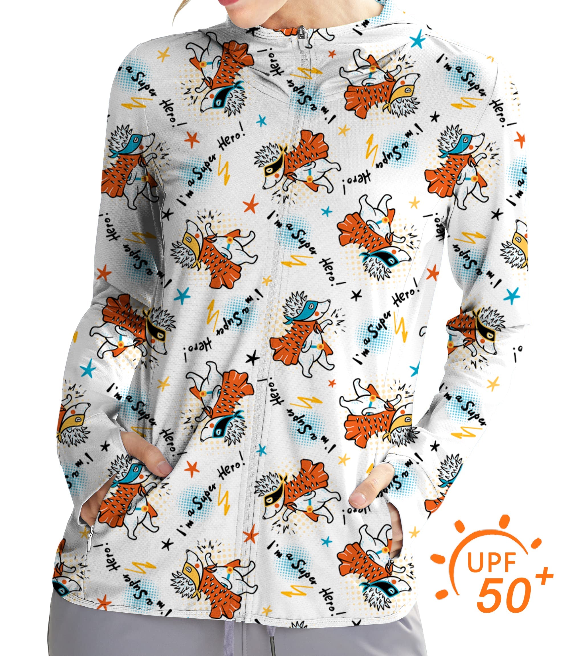 Women's outdoor slim fit zip hoodie with hedgehog print, UPF 50+ sun protection, quick-dry and breathable fabric.