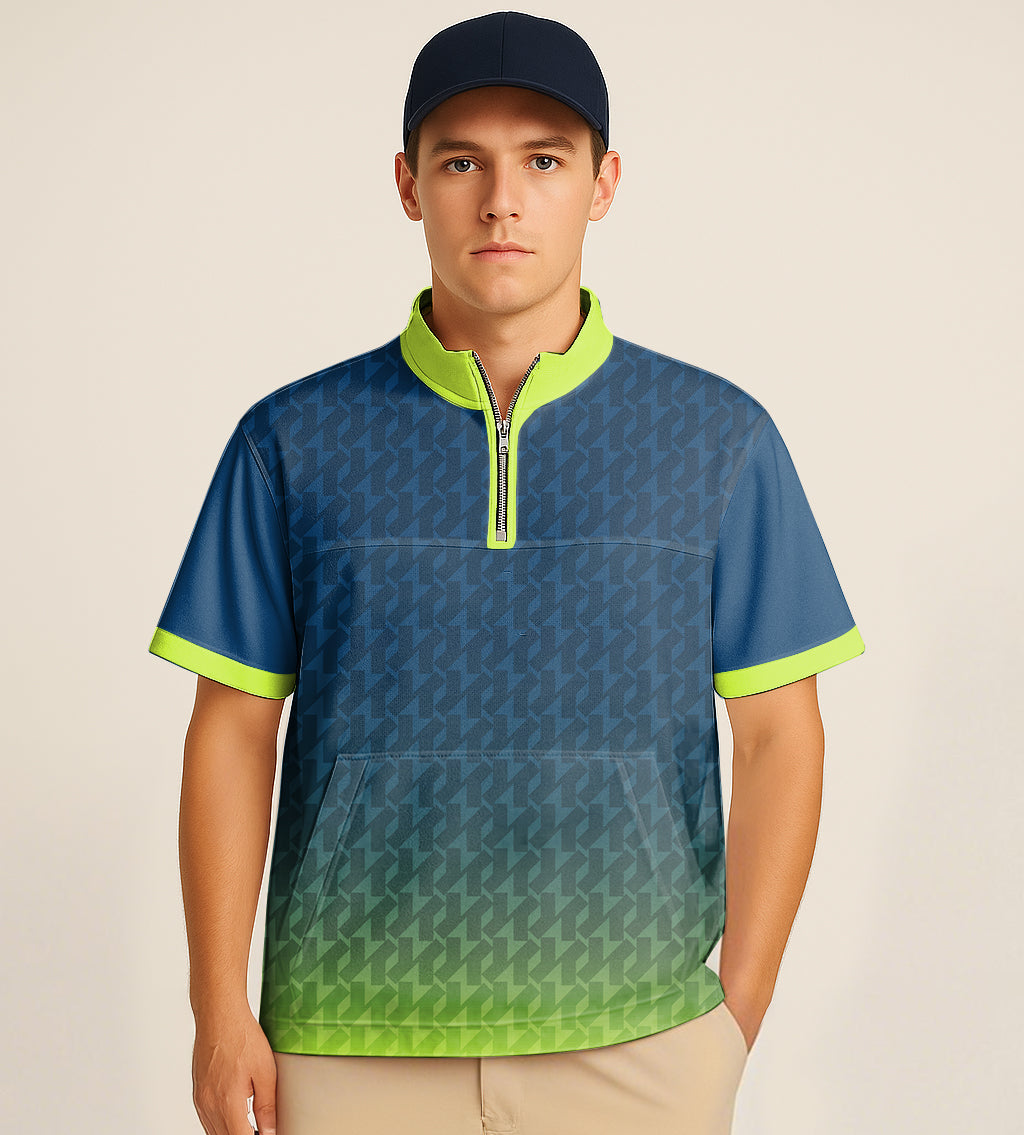 Male model wearing custom green gradient half zipper turtleneck golf short shirt with embroidery and navy cap