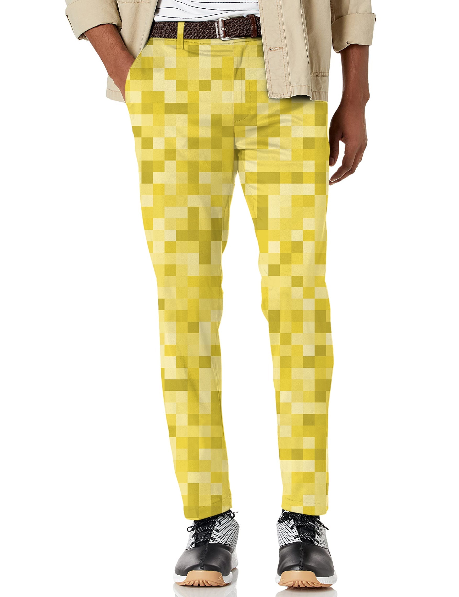 Men's yellow pixel big stretch golf pants with moisture-wicking fabric and shirt-gripping waistband