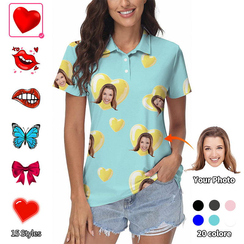 Valentine's Day custom photo face women's green blue golf polo shirt with personalized prints and four-way stretch fabric