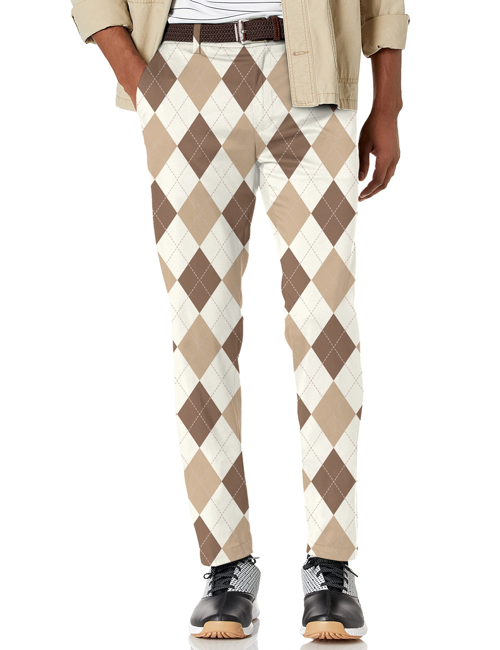 Men's brown argyle stretch golf pants with moisture-wicking fabric and active waistband