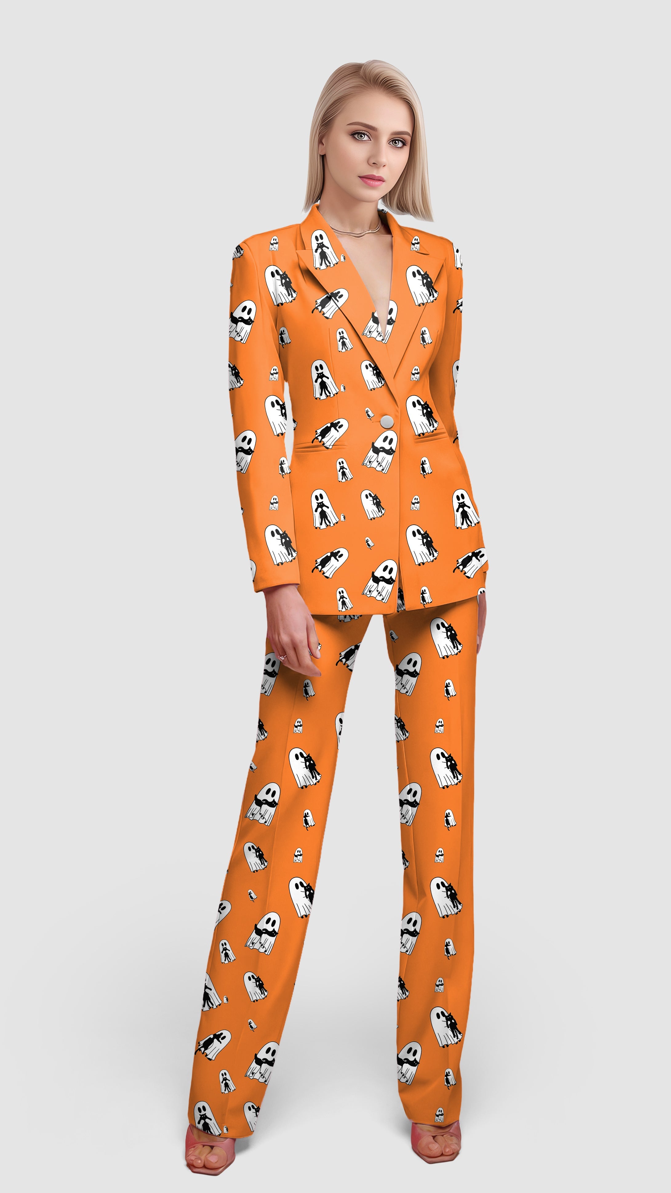 Women's Halloween Ghost Hug Cat orange blazer suit with ghost and cat print for casual work and office wear